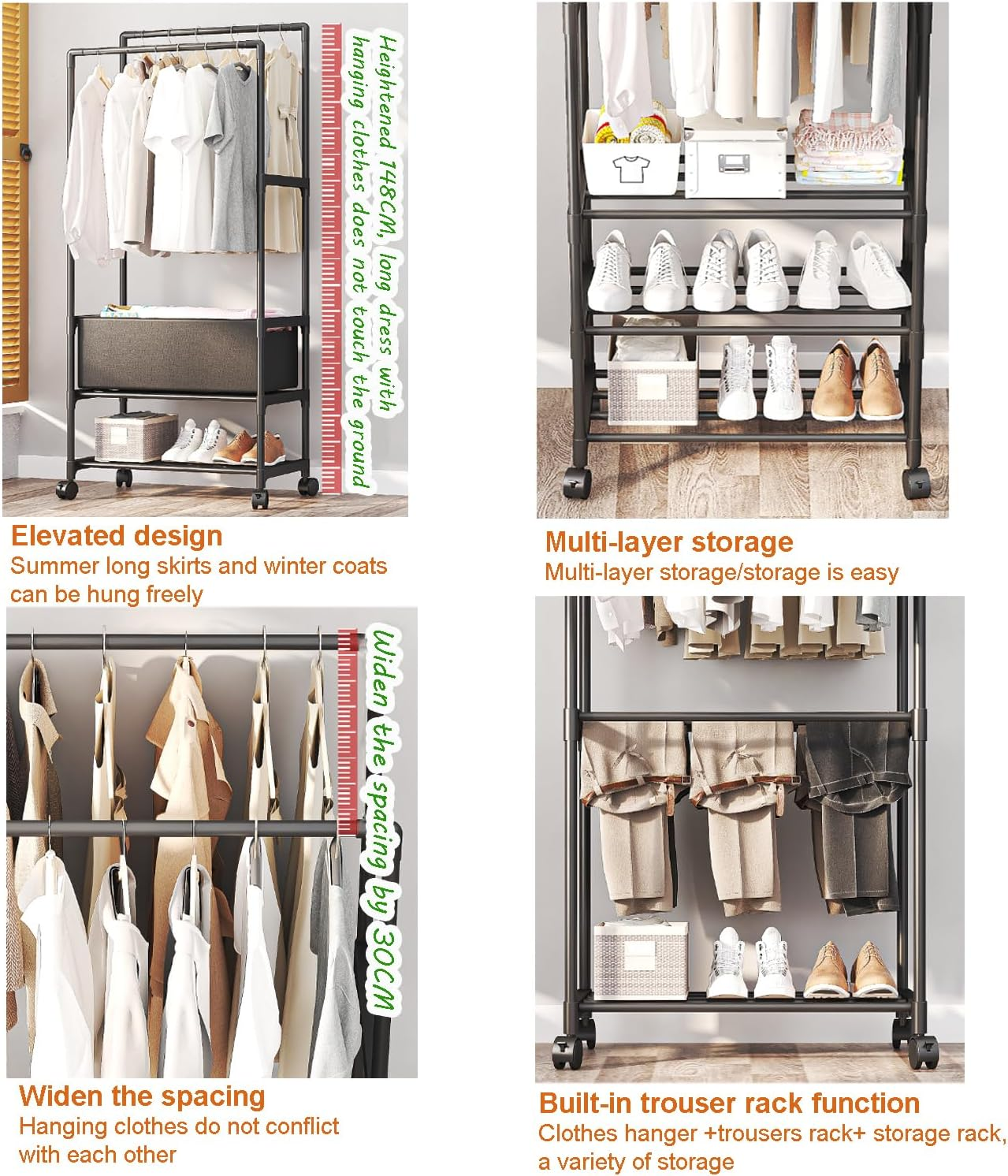 Double-Rail Clothes Hanger Stand, Storage Shelf Stand with Clothes Rail and Rolling Coat Rack,Clothing Garment Rack with Bottom Shelf, Drying Rack, Household Space Saving Storage Organizer for Bedroom image number 4