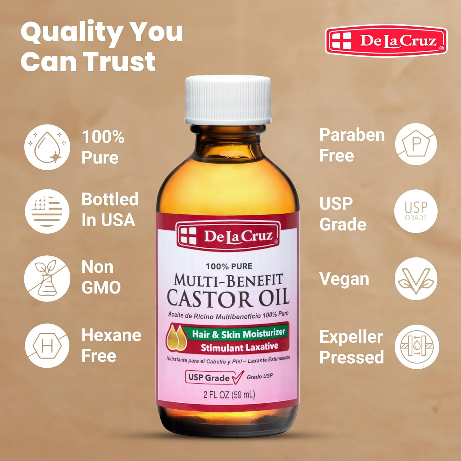 De La Cruz Pure Castor Oil, Aceite De Ricino, 3-Pack of 2 Fo Bottles image number 5