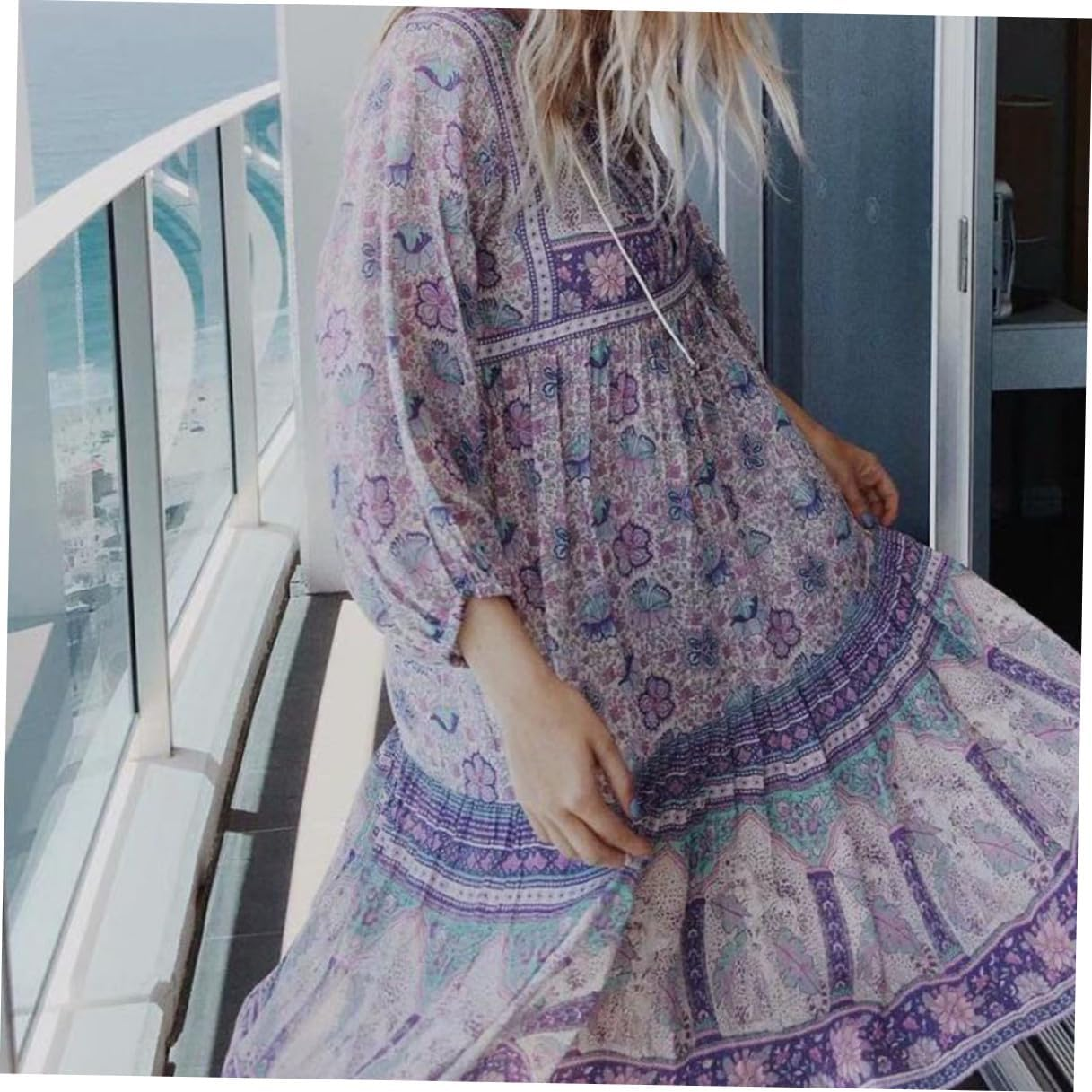 PLAFOPE Bohemia Style Long Sleeve Lapel Dress for Women Casual Elegant Maxi Dress Blue Lightweight Comfortable for Daily Work Party Vacation Office Wear image number 6