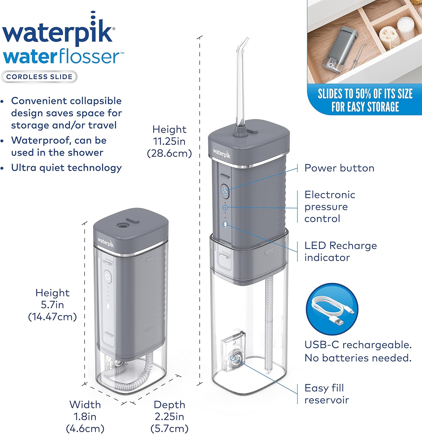 Waterpik Cordless Slide Professional Water Flosser, Portable Collapsible for Travel and Storage, with Travel Bag and 4 Tips, ADA Accepted, Rechargeable and Waterproof, Modern Gray WF-17CD017-1 image number 4