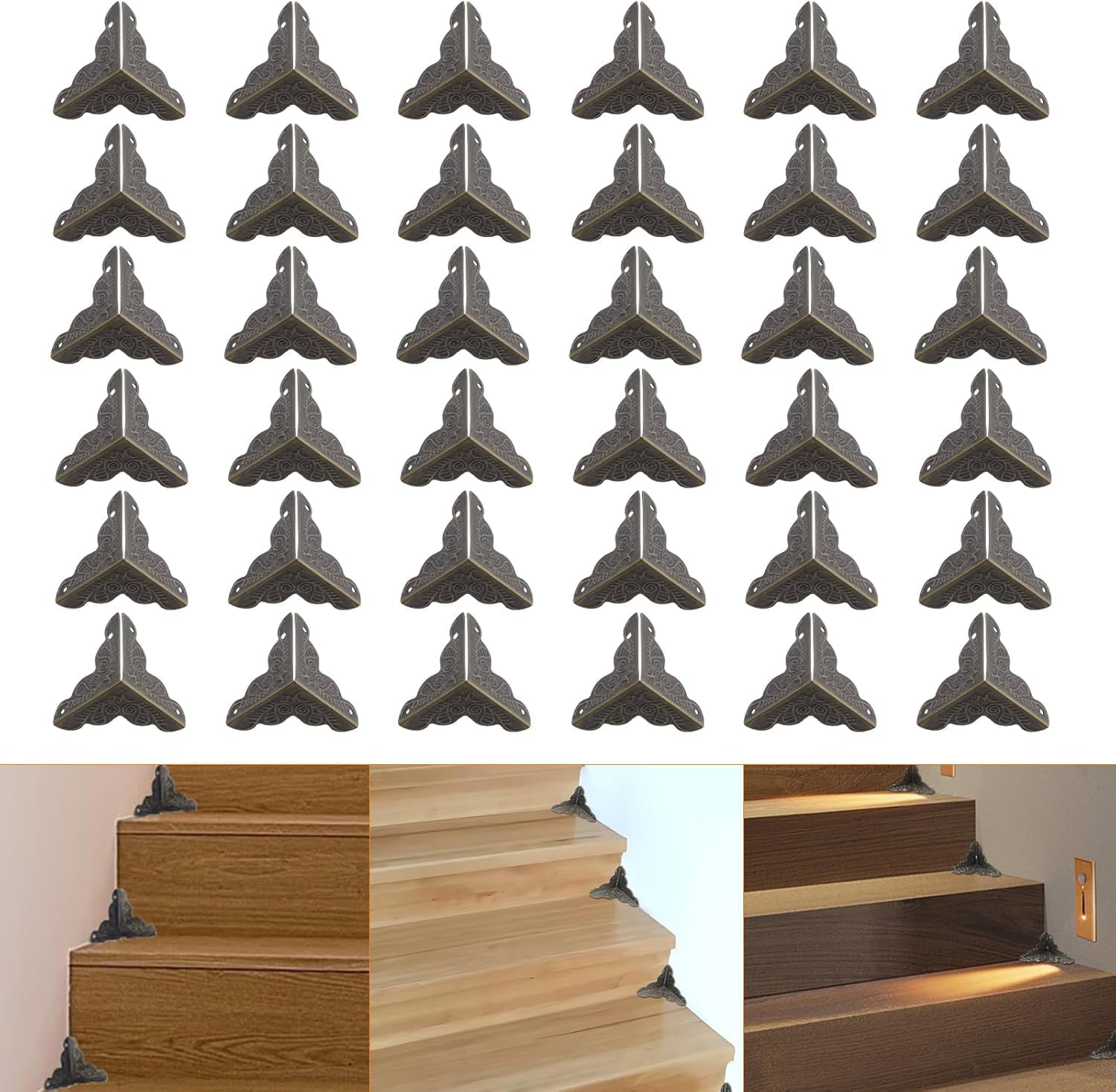 50Pcs Triangle Rattan Carved Wood Case Edge Guard, Vintage Stair Dustcorners Metaldecorativecorner Protector,Stair Dustcorners Antiquecorner Decorative Corner Stair Cornerdust Guards with Screw,Brown image number 1