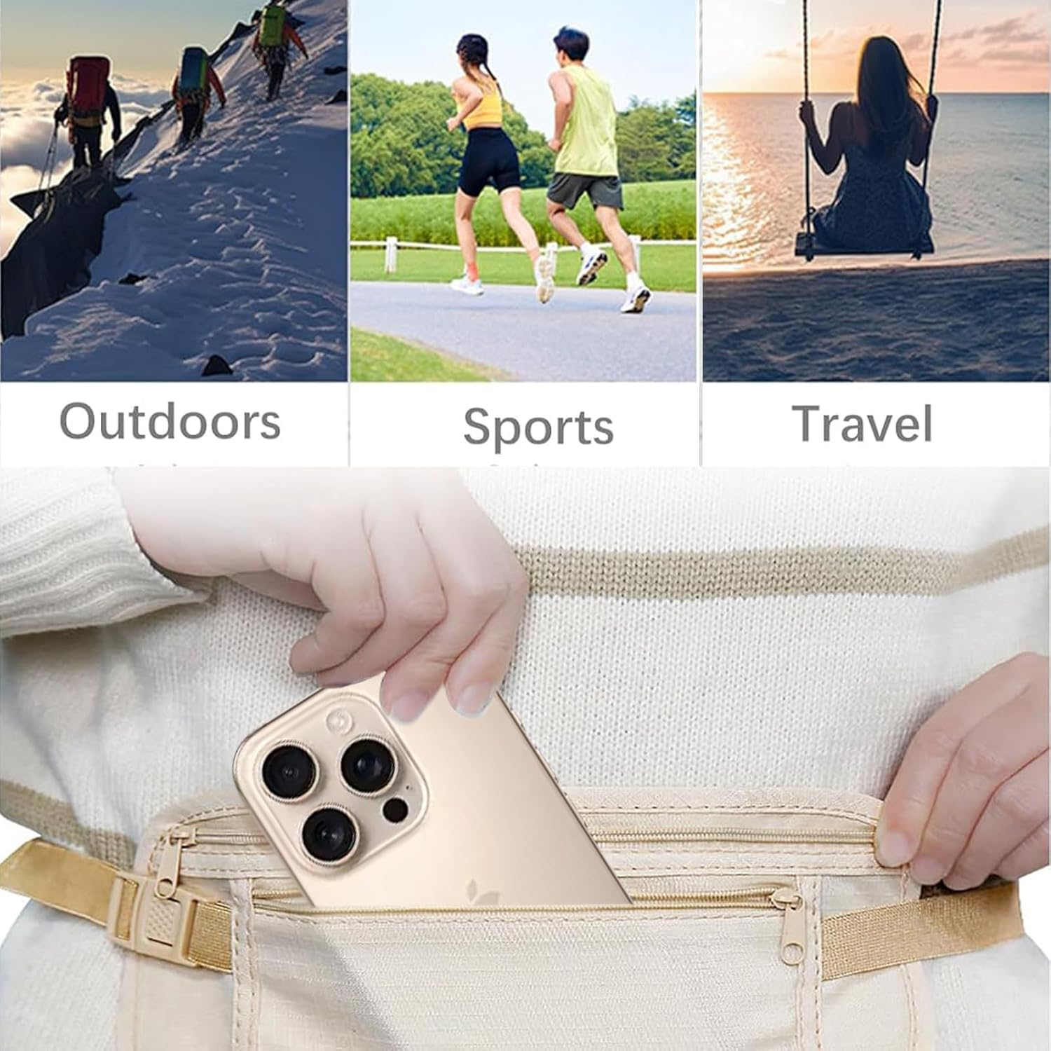 Tzylomirx Money Belt, Bum Bag for Men and Women, Adjustable Strap for Workout, Running, Travelling, Hiking (Khaki) image number 1