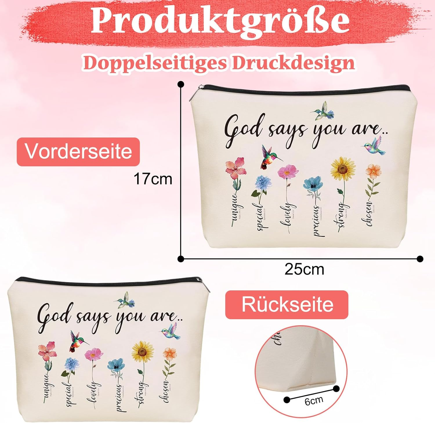 Bible Cosmetic Bag Small Christian Make up Bag God Says You Are, Cosmetic Bags Encouragement Travel Toiletry Bag with Flower, Makeup Bag for Women Bible Verses image number 6