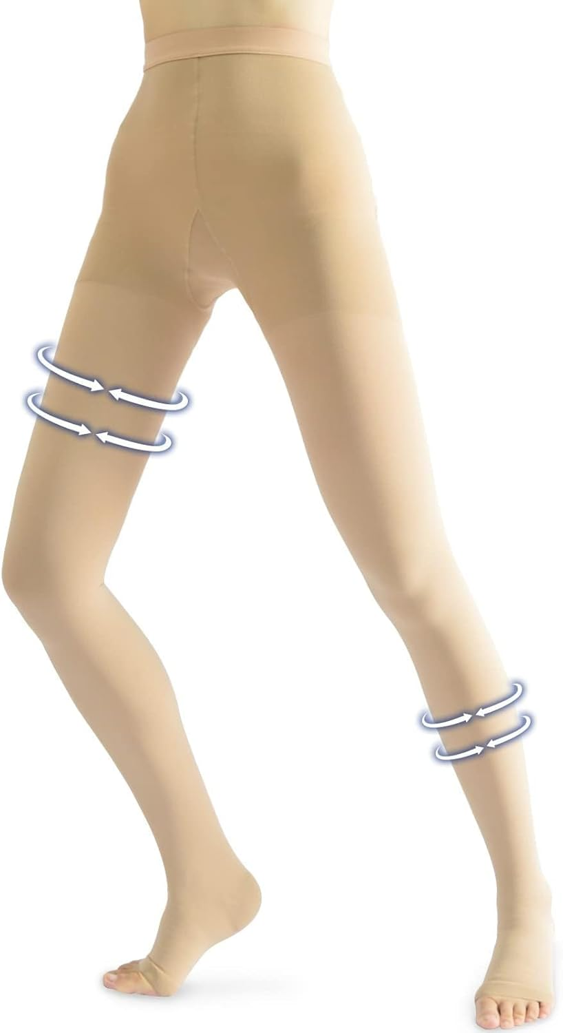 Beister Medical Compression Pantyhose Women & Men, 20-30Mmhg Open Toe Thigh High Compression Tights Graduated Support for Varicose Veins, Edema, Flight, DVT
