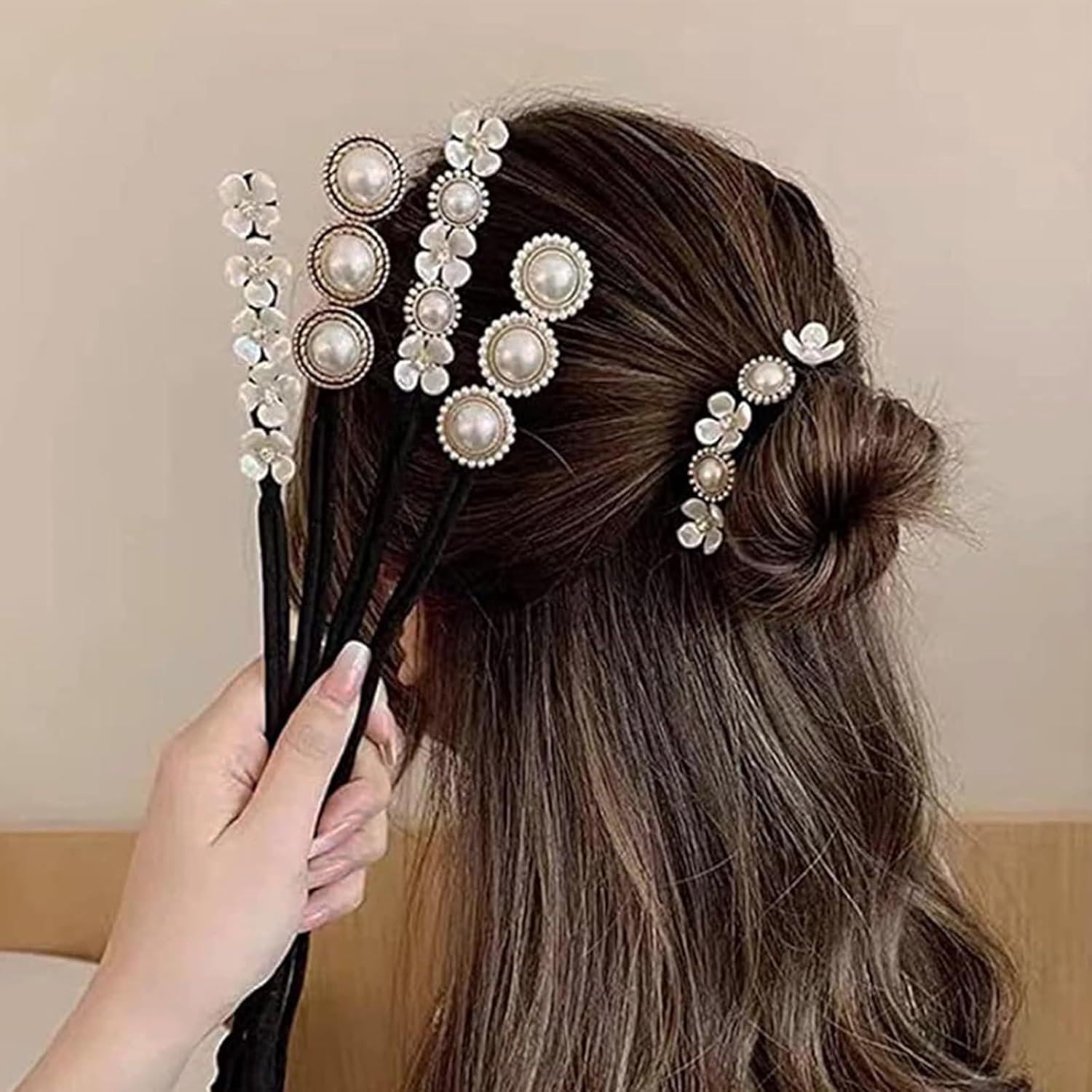 Hair Bun Maker with Pearl Flower Decor, 4Pcs Lazy Hair Curler French Twist Hairstyle Bun Former Maker Vintage Hair Styling Accessories,Reusable DIY Quick Bun Maker for Thin Hair image number 5