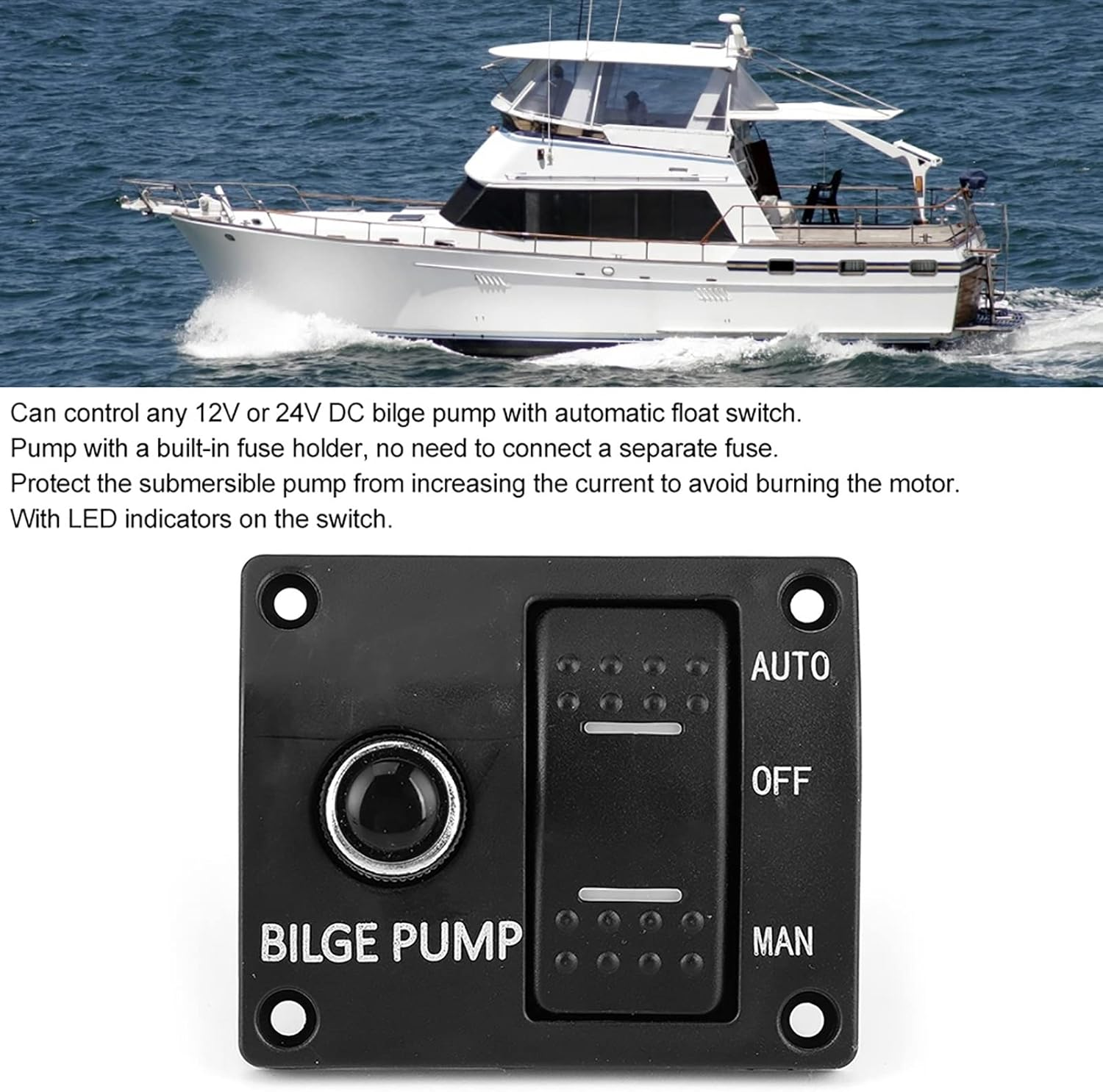 3 Way Bilge Pump Switch,3 Way Bilge Pump Switch Panel Auto off Manual 12V 24V with LED Indicator Built in 15A Circuit Breaker image number 5