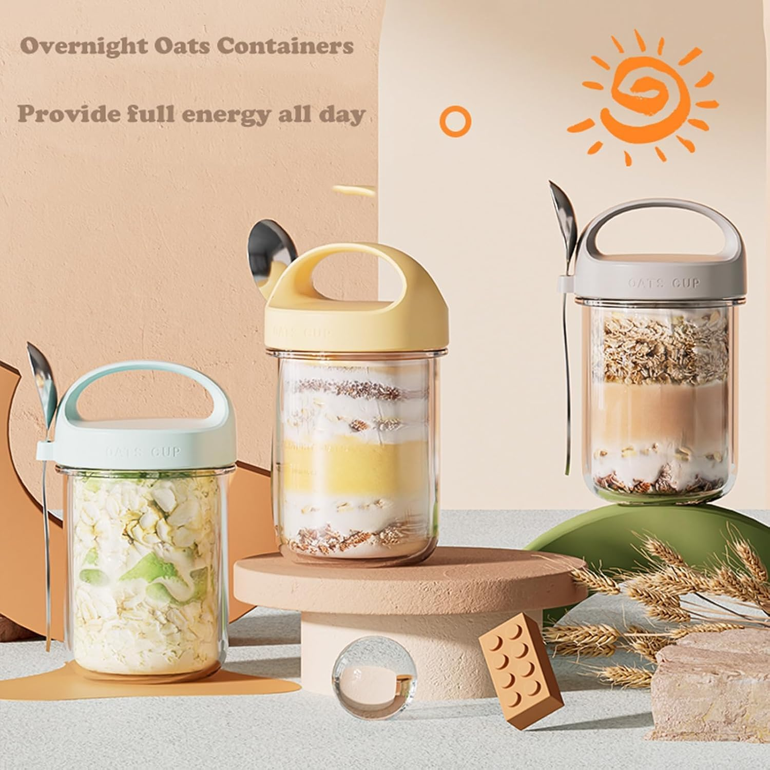 Kitment 6Pack Overnight Oats Container Jars, Oatmeal Containers with Handle, 15Oz/430Ml Glass Mason Airtight Jars for Cereal, Yogurt, Milk, Vegetable, Fruit, Salad image number 2