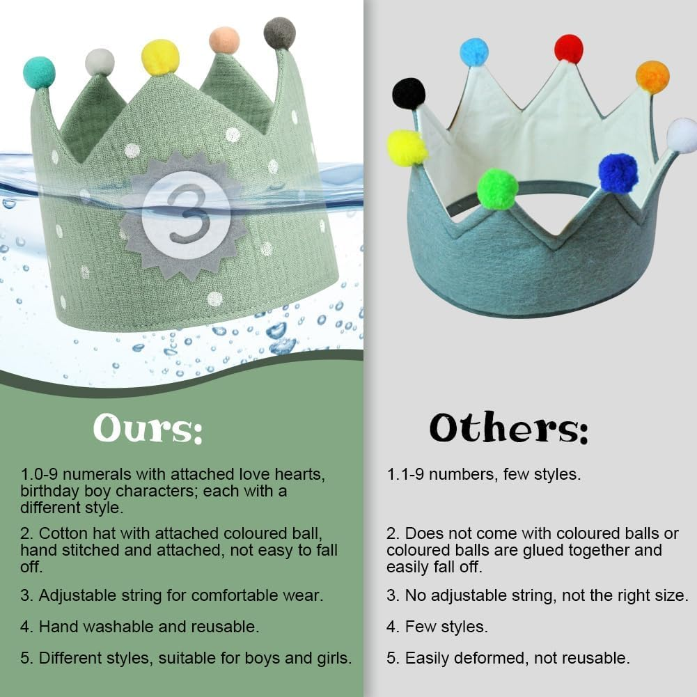 Children'S Birthday Crown with Numbers, Fabric Birthday Crown for Boys Girls with Interchangeable Numbers from 0-9, Reusable Kids Toddler Birth Hat, Birthday Party Decorations (Green) image number 5