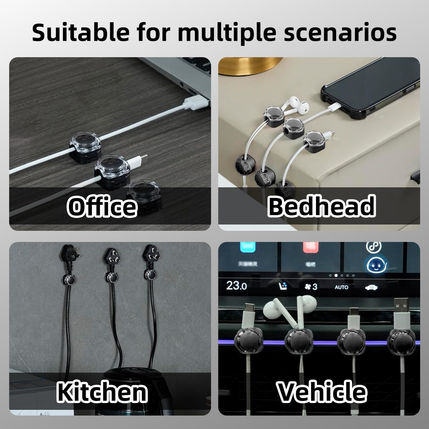 Boutsady 6-Pack Magnetic Cord Organizer - Heavy Duty Adhesive Cable Clips for Desk, Wall & Car - Universal Wire Management Solution for Home, Office & Kitchen (Transparent Black)