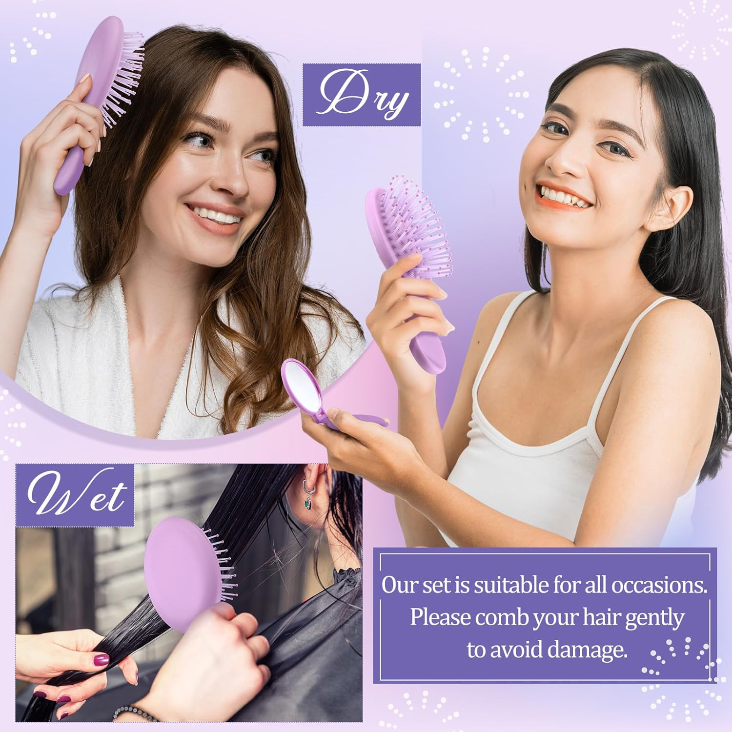 Meanplan 24 Pcs Mini Hair Brush Set 12 Travel Wet Dry Hair Combs Pocket Detangling 12 Compact Folding Makeup Mirrors for Spa Sleepover Birthday Bridal Shower Bachelorette Christmas Party Gift(Purple) image number 5