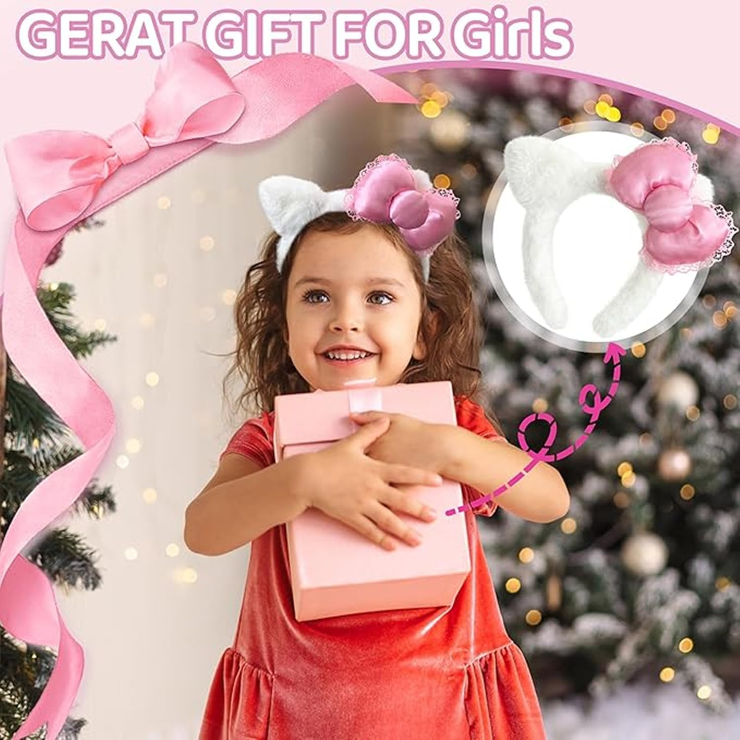 Cat Ears Headband Pink Bow White Hair Accessories, Kitty Bow Costume Hair Accessories Kawaii Stuff Gift