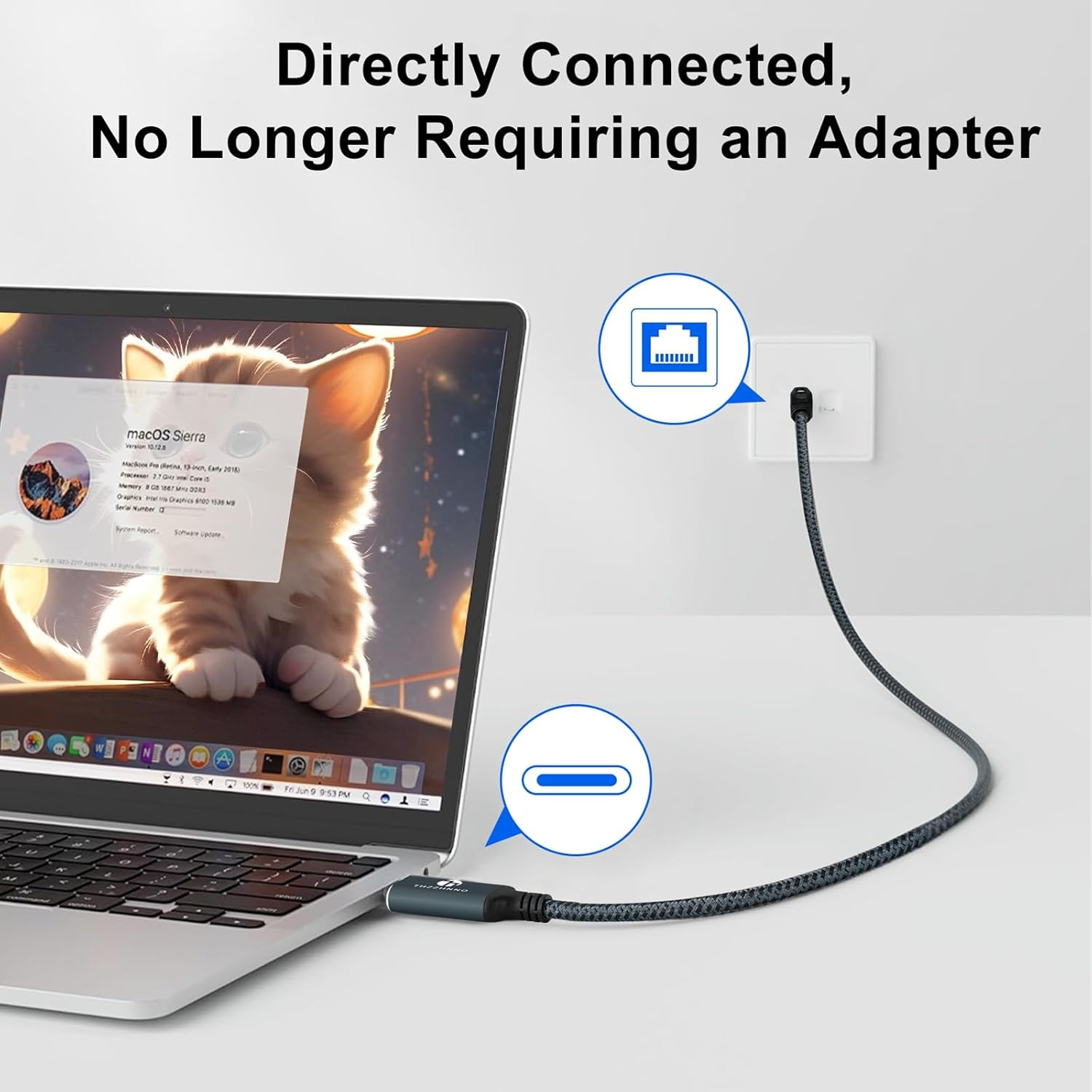 Thzzhnno USB C to Ethernet Cable 10FT, Type C to RJ45 Gigabit LAN Network 1Gbps Adapter Cord,Directly Connected,Thunderbolt 3/4 Compatible for Macbook Pro/Air, Ipad Pro, Iphone 15 Series,Galaxy S24 image number 3