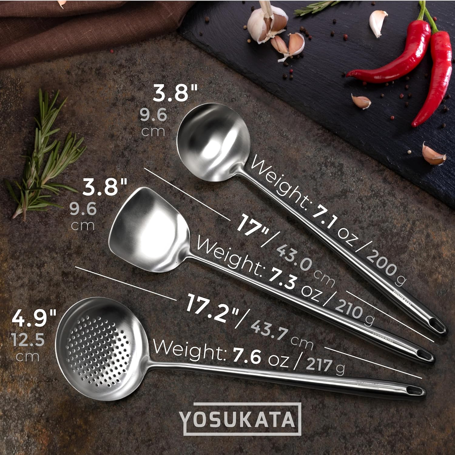 Yosukata 43 Cm Wok Spatula and Ladle Skimmer Spoon - Stainless Steel Cooking Utensils Set of 3-304 Stainless Steel Kitchen Utensils Set - Dishwasher Safe Wok Accessories - Wok Utensils Cooking Tools&hellip; image number 1
