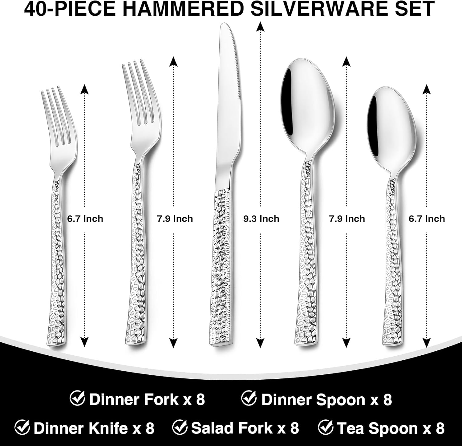 Hammered Silverware Set, 40-Piece Stainless Steel Square Flatware Set for 8, Food-Grade Tableware Cutlery Set, Utensil Sets for Home Restaurant, Mirror Finish, Dishwasher Safe image number 6