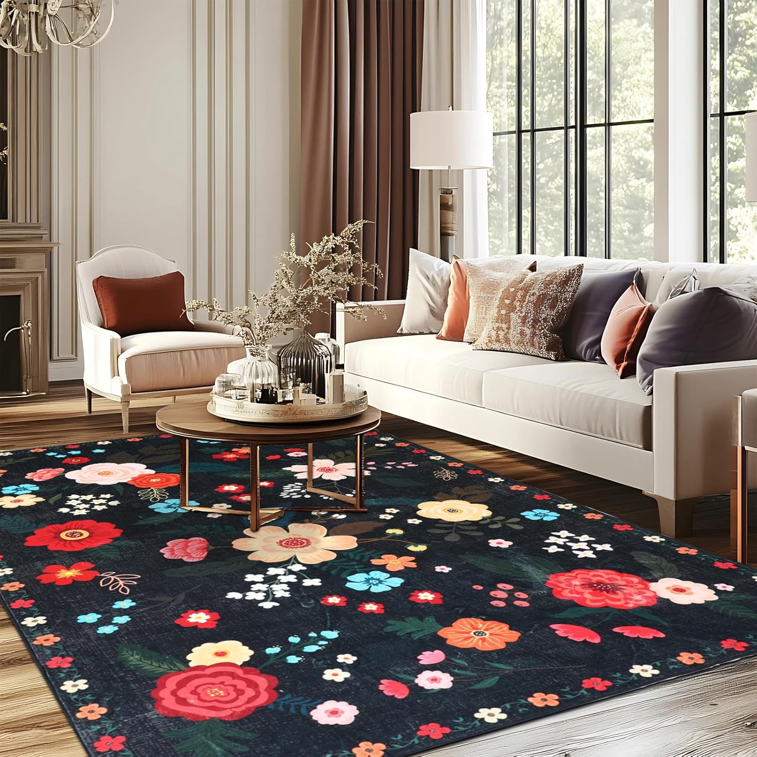 MOSISO 4X6 Area Rug for Living Room, Washable, Non Slip Multicolored Flower, Low Pile Carpet, Faux Wool Rectangular Area Rug Carpet for Living Bedroom Dining Room Home, Black image number 2
