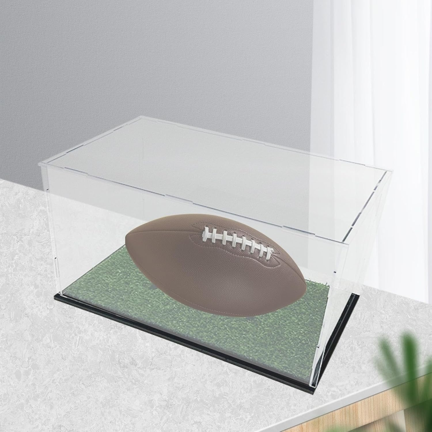 Folpus Football Display Case, Memorabilia Holder, Rugby Holder, Acrylic Display Case Football Storage Box for Toy Diecast Car Figure, with Grass