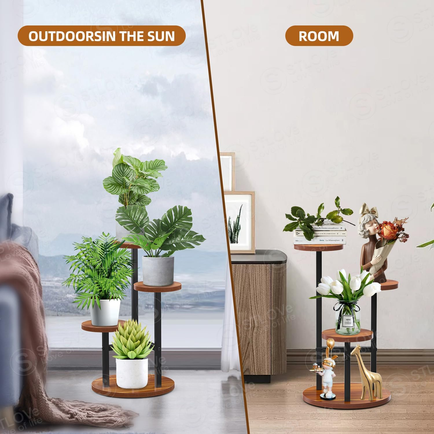 Stlove Plant Shelf, Flower Stand, 3 Levels Flower Shelf, Plant Stand, Flower Stairs for Room Corner, Living Room, Balcony, Patio, Window, Garden, Yard, 53.5 Cm Height, Metal Mahogany image number 1