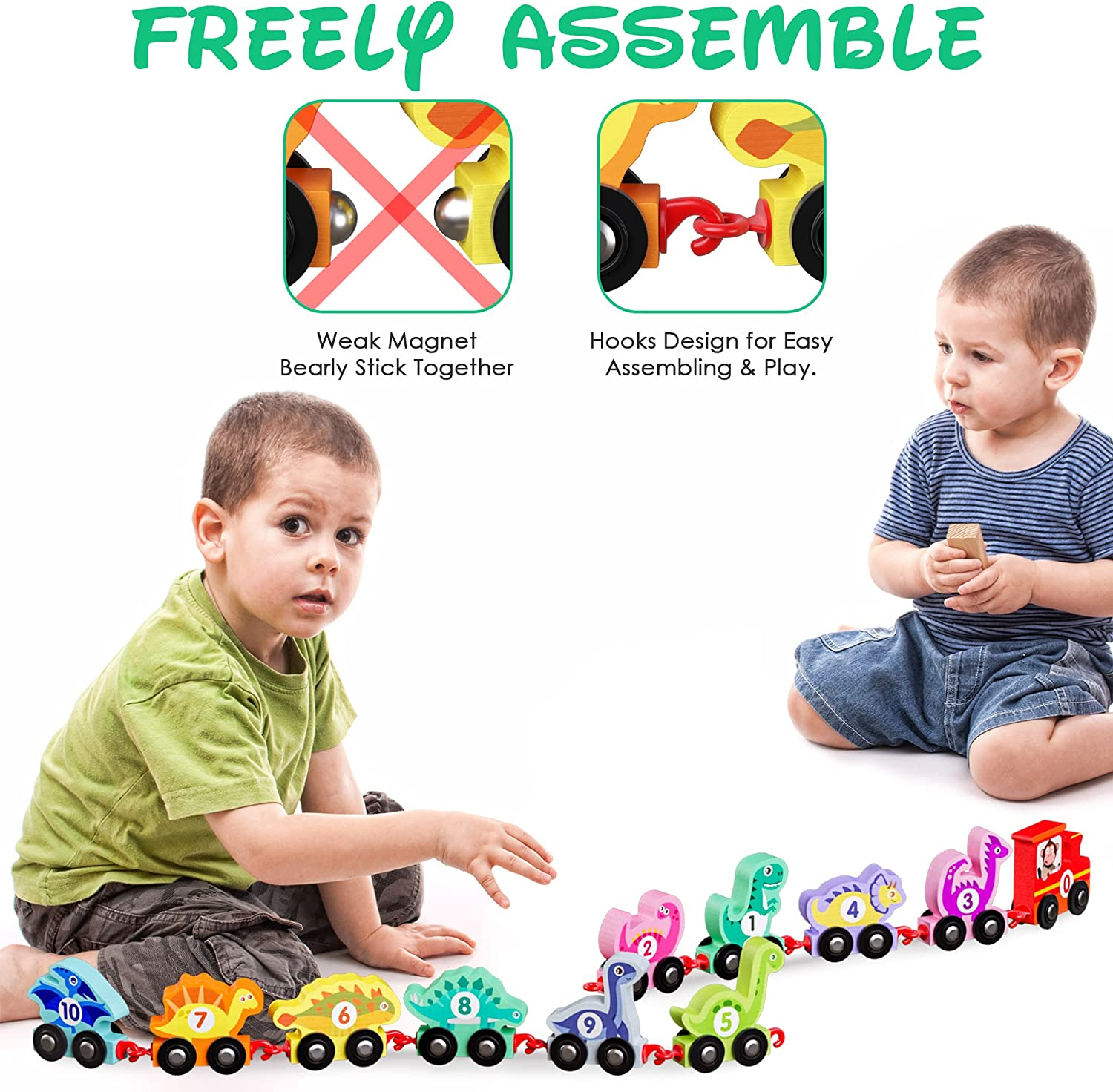 Dinosaur Toys for Toddlers Age 2-4, Wooden Dinosaur Train Set with Playmat/Storage Bag, Montessori Educational Toys for 2+ Years Old Boys & Girls image number 6