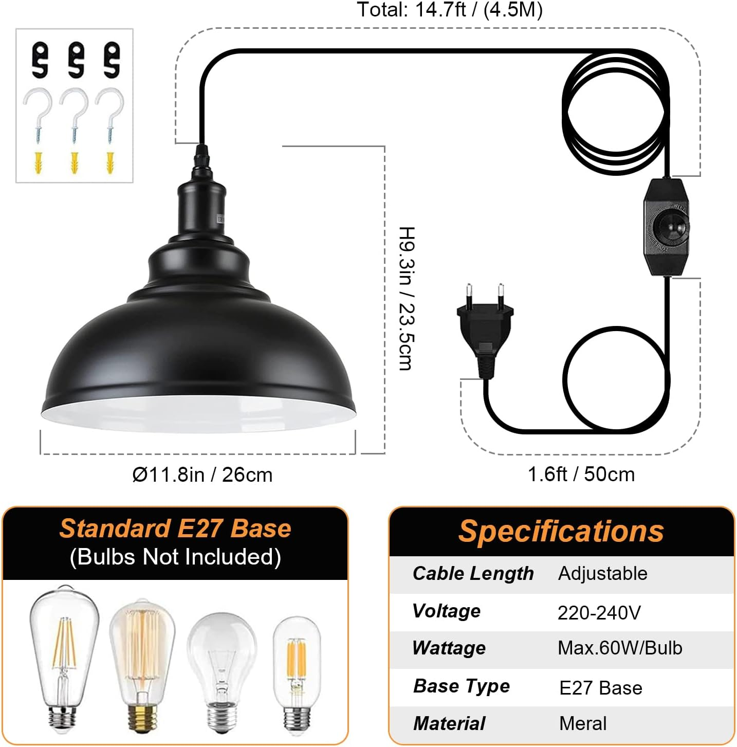 Vintage Pendant Light with Plug, E27 Fitting Ceiling Light with 4.5M Cable and Dimming Switch Dimmable Black Metal Pendant Light for Outdoor & Indoor Garden Balcony Patio Max.60W image number 4