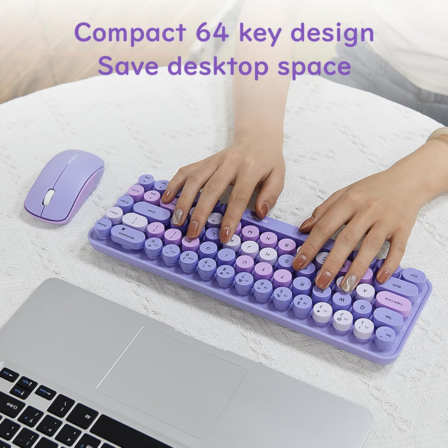 Compact Colorful Wireless Keyboard and Mouse Combo, Soundless 68 round Keys, Suitable for Girls and Kids, Compatible with Notebook, PC (Purple) image number 4