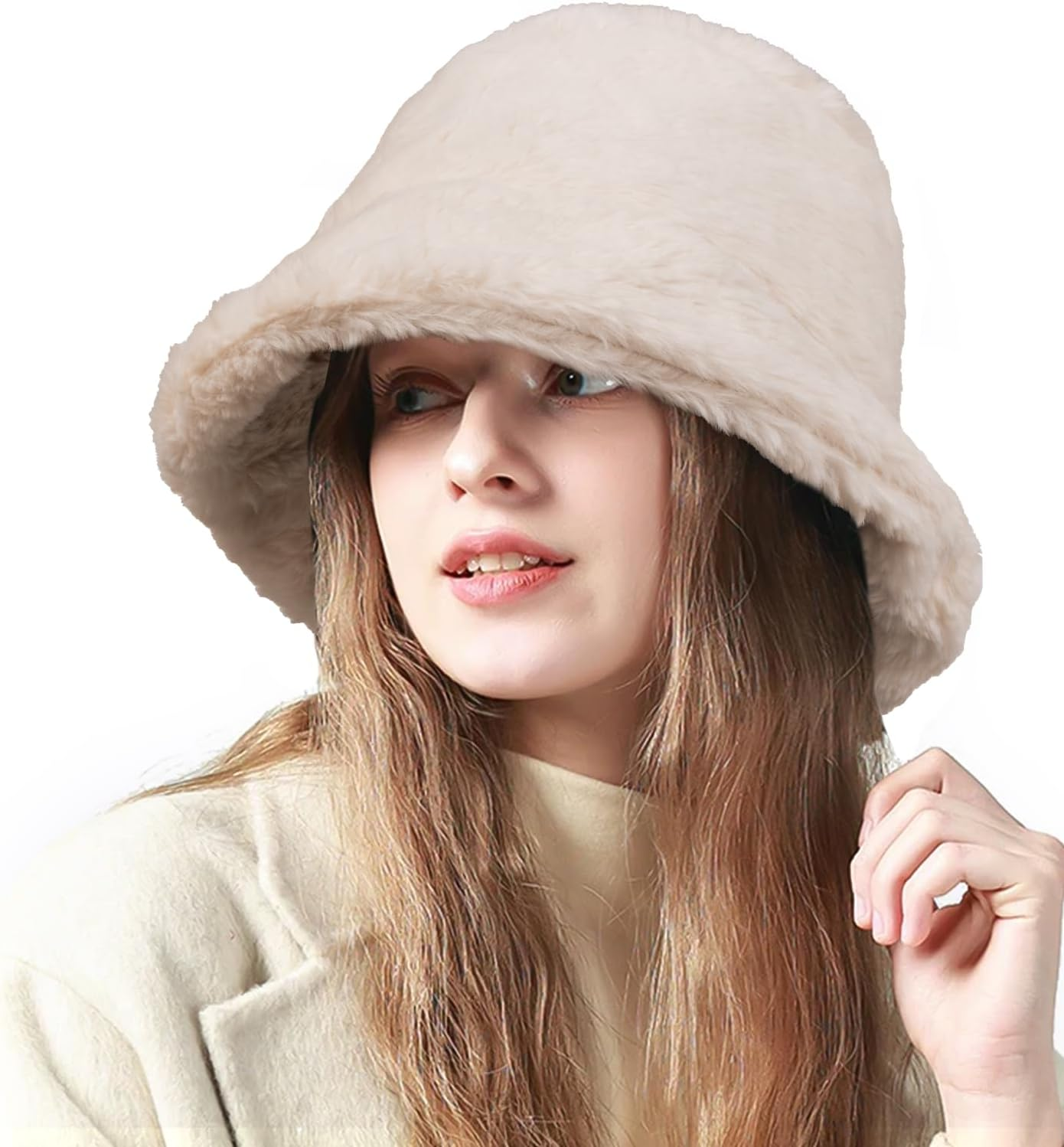 Fluffy Faux Fur Bucket Hat Winter Warm Hat for Women Men