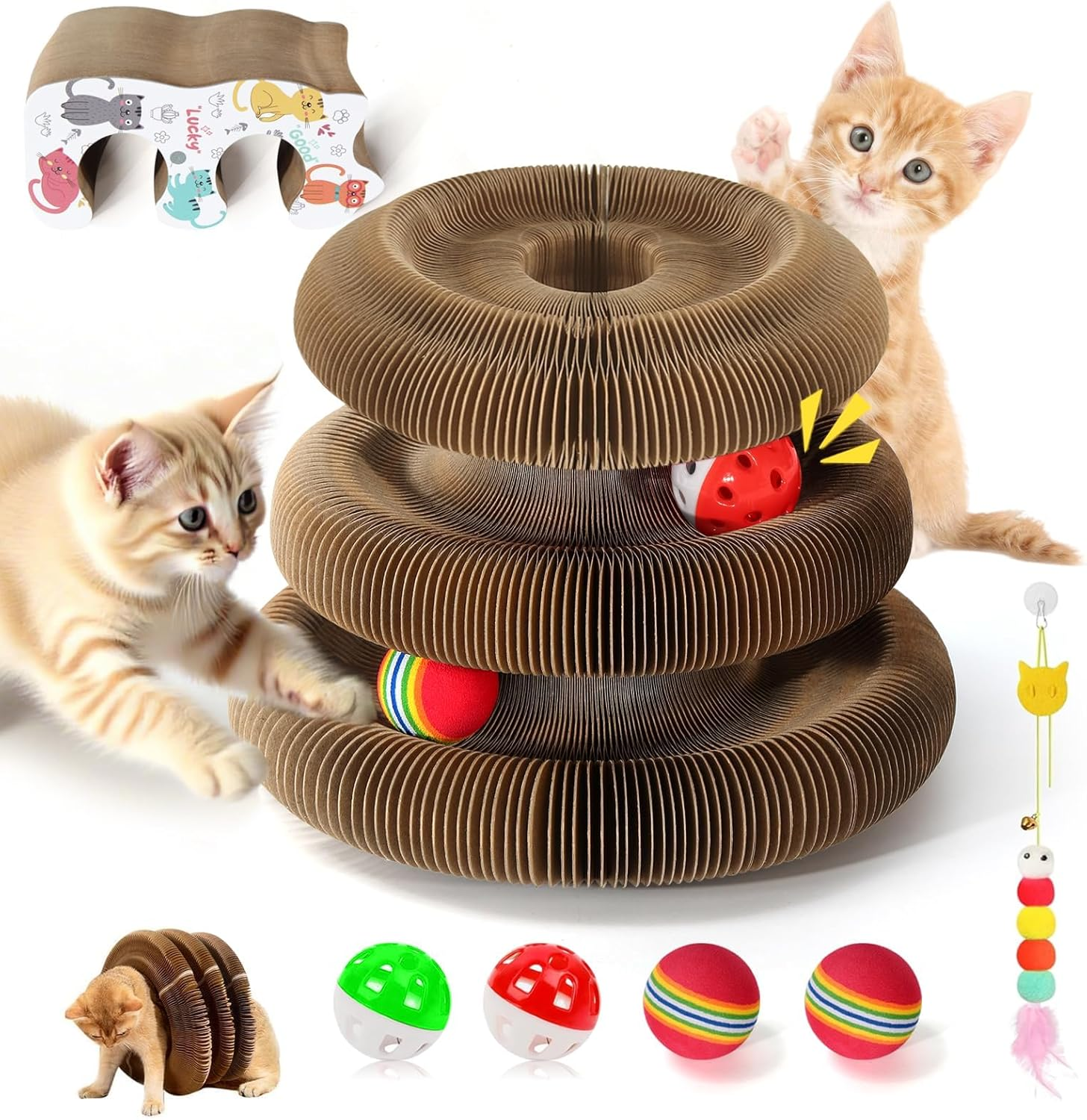 2-Layer Magic Organ Cat Scratcher Board with 4 Interactive Balls and 1 Interactive Cat Feather Toy, Foldable Scratching Pad for Indoor Cats, Magnetic Organ Scratcher Toy, Portable Cats Toys image number 2