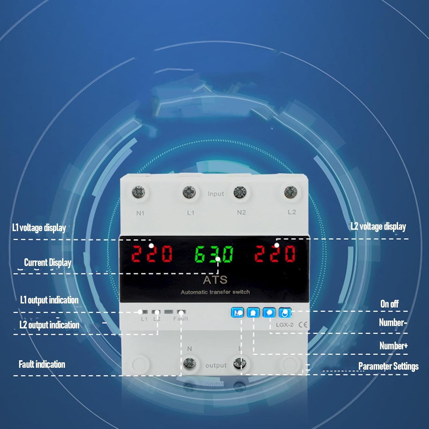 Pyhodi 63A Automatic/Manual Transfer Switch, Dual Power Selector with LED Display, L1 Priority, DIN Rail Mount,50 60Hz CE Certified ATS for Generator and Backup Power image number 2