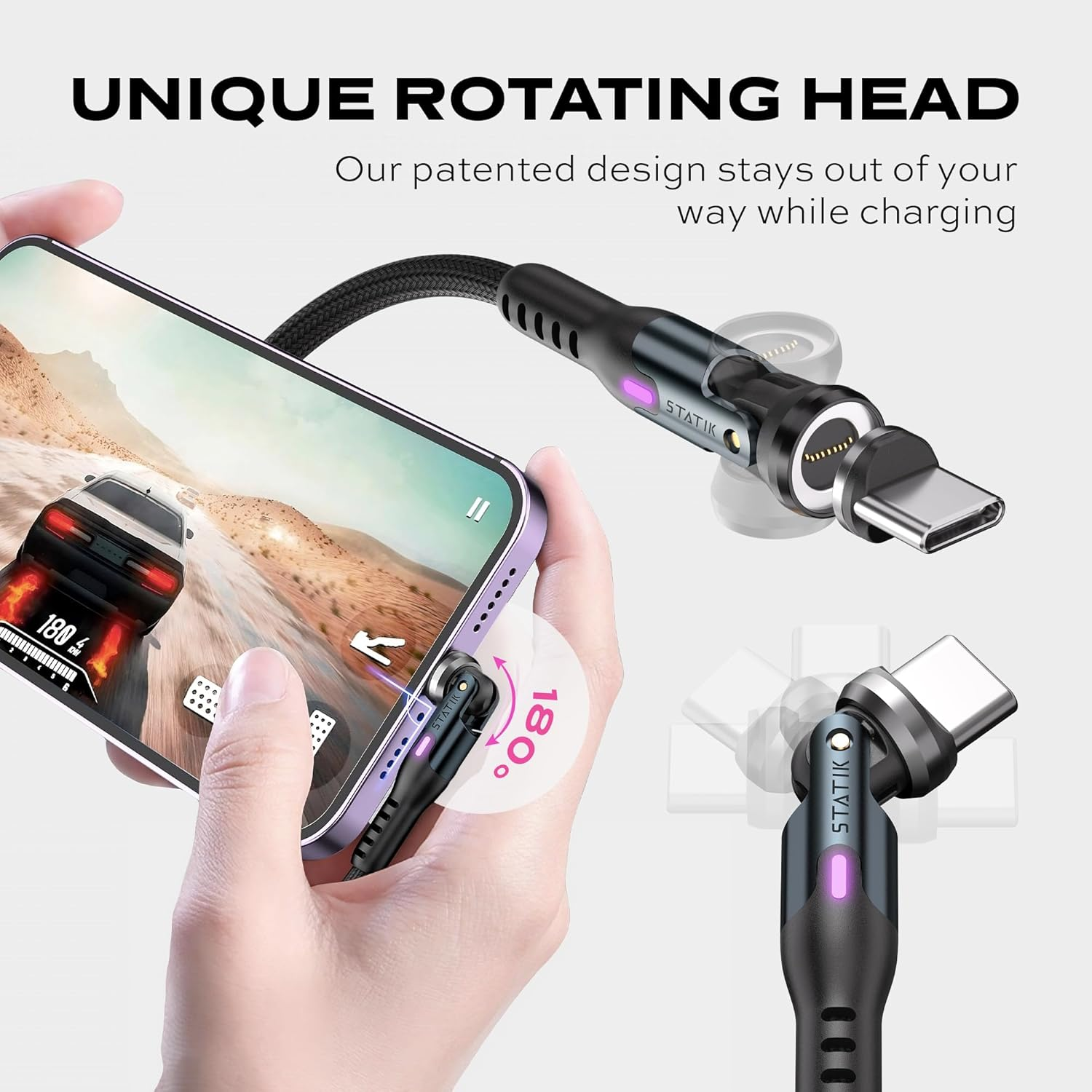 STATIK 360 Pro Magnetic Phone Charger | Magnetic USB C Charging Cable | 3-In-1 Magnetic Charger Cable for All Devices | Iproduct, Micro-Usb, USB-A & USB C Magnetic Charging Cable | Black, 10FT/3M image number 2