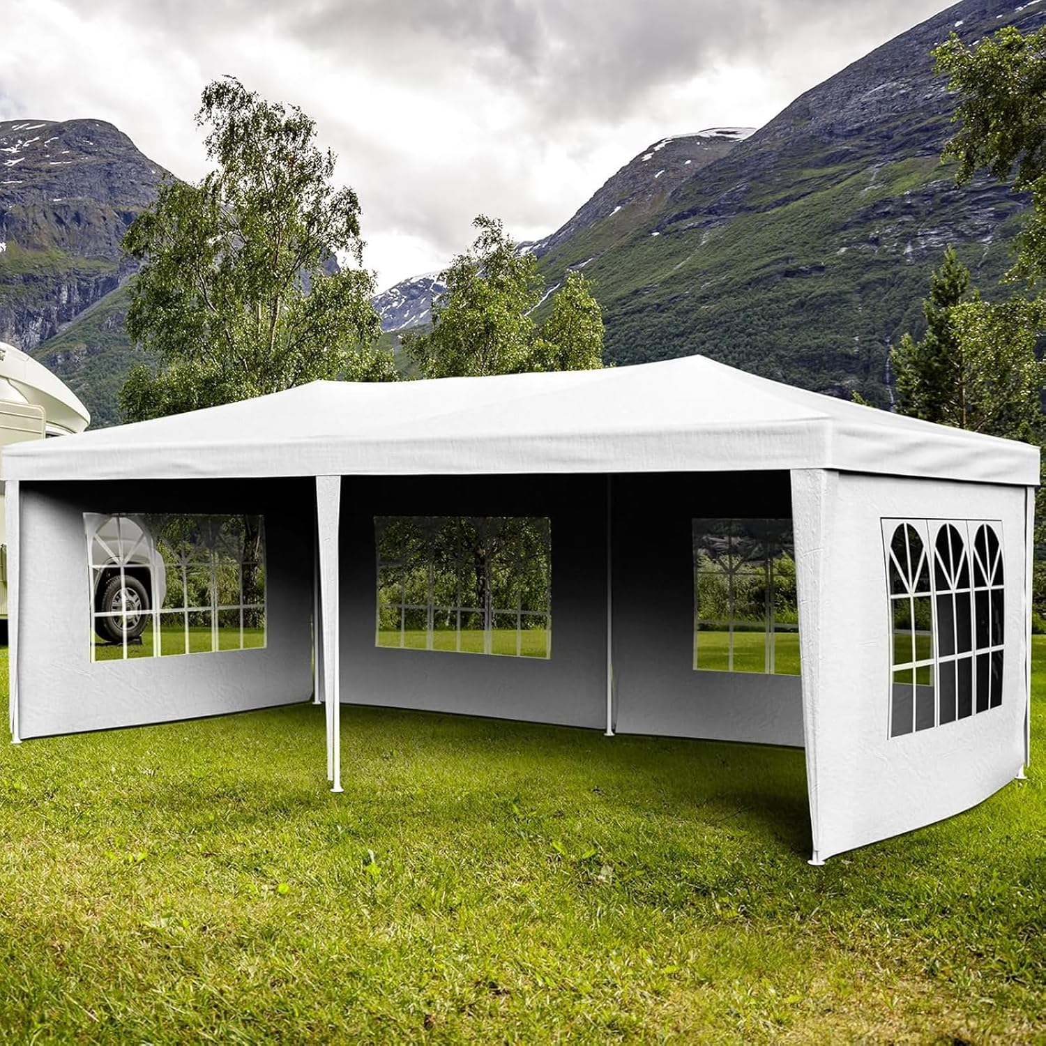 ADVWIN 3X6 Marquee Gazebo, Waterproof Canopy Tent Sidewall with Clear Window, White Garden Shed for Garden Patio Party Wedding