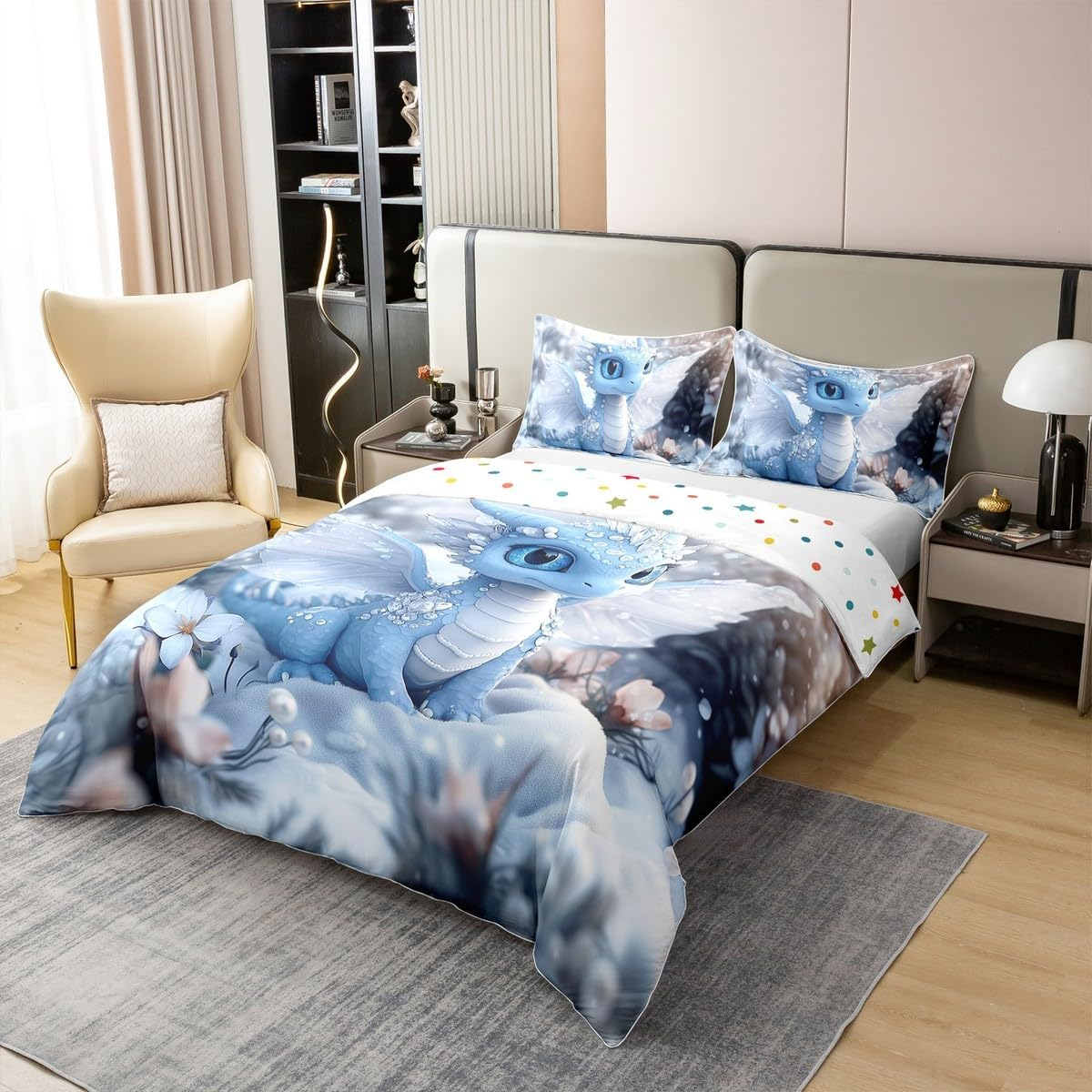 Homewish Dragon 100% Cotton Duvet Cover, Wild Safari Bed Linen Set, 155 X 220 Cm, for Children, Scale, Snow, Dew, Winter, Flowers, Dreamy Aesthetics, Blue, White, Comforter Cover, Breathable Bed Set - Pink image number 7