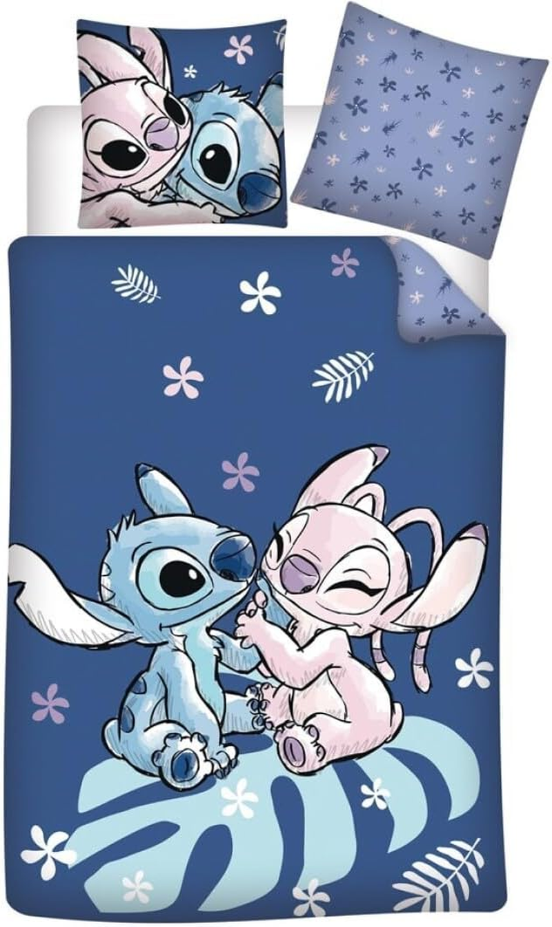 Stitch & Angel Leaf Bedding Set, Reversible Quilt Cover Duvet 140 X 200 Cm + Pillowcase 65 X 65 Cm, Polycotton