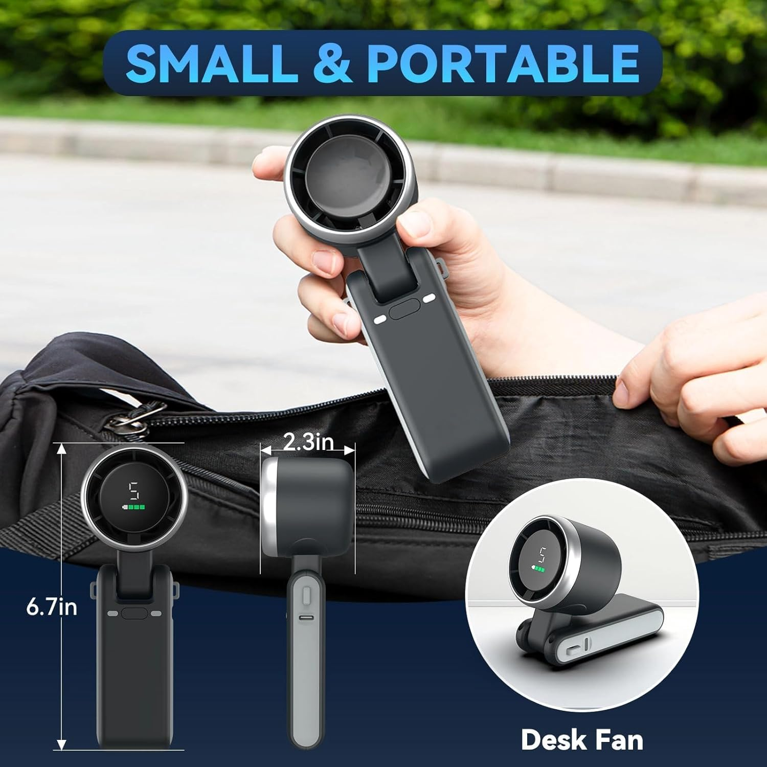 Portable Handheld Turbo Fan &ndash; Foldable 3-In-1 Mini Cooling Fan, 5 Gear Wind, Rechargeable, Battery Operated for Travel (Black) image number 2