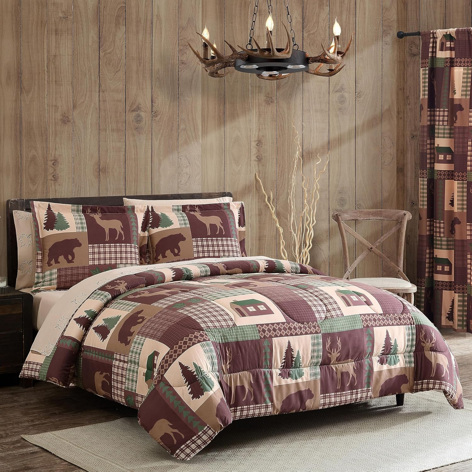 Aubrie Home Accents How Plumb Cozy Cabin 4-Piece Queen Microfiber Bedding Sheet Set with Deep Pockets Rustic Patchwork Plaid Deer, Brown Tan Green