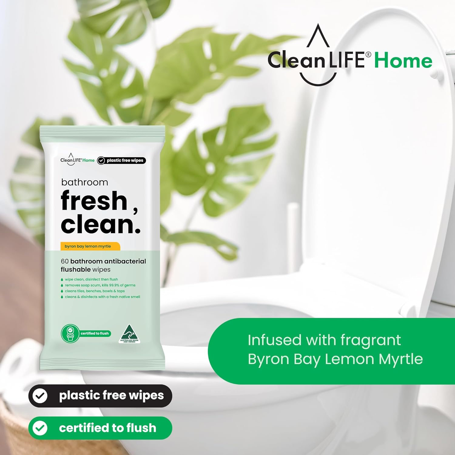 Cleanlife Flushable Bathroom Wipes &ndash; Biodegradable Chemical-Free Cleaning, Plant-Based, Natural Eucalyptus Scent, Septic Safe, Eco Friendly, 60 Wipes image number 1
