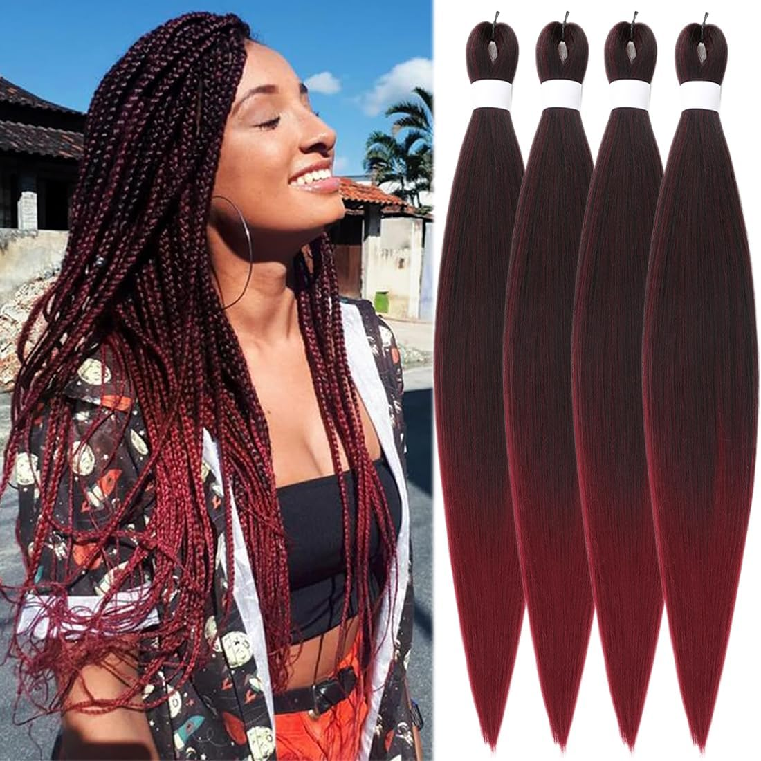 SAISIFEN Braiding Hair Pre-Stretched Yaik Straight 4 Pieces/Lot Ombre Colored Synthetic Long Hair Extensions Crochet Braids Hair Hot Water Setting 90G/Piece 66 CM/26 Inch #T1B/Burgundy Color image number 6