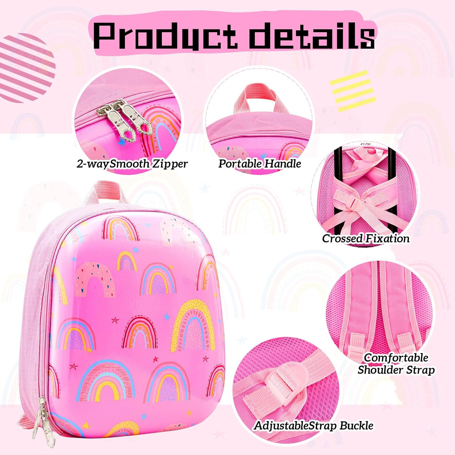 Sanwuta 4 Pcs Kids Luggage Set Kids Backpack Travel Rolling Suitcase with Wheels U-Shape Pillow Childrens Gift for Girls Boys, Rainbow Pink, 17 Inch, Rainbow Style image number 2
