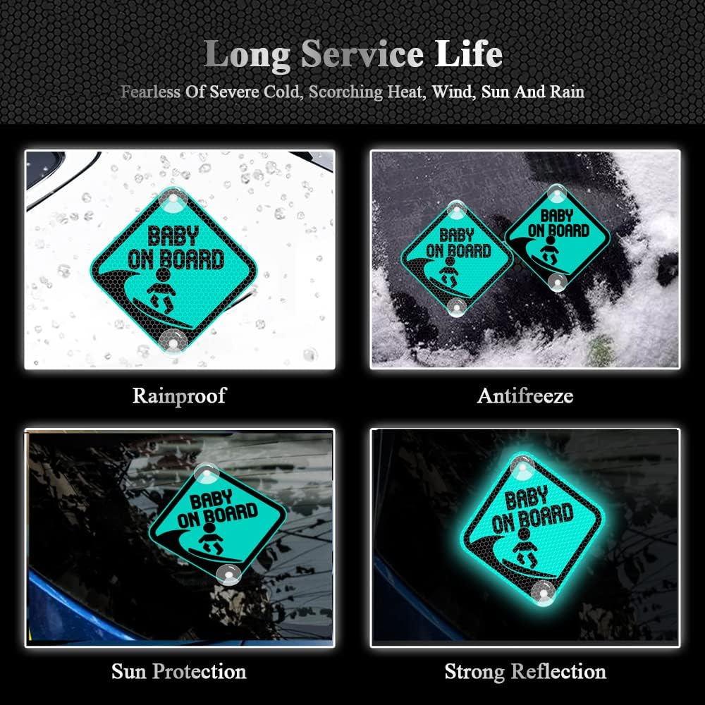 Vesvory Baby on Board Surf Sticker for Cars, Reflective PVC Car Decals with Suction Cups Double-Side Baby on Board Sign Reflective Baby Safety Warning Car Decal,4.72X4.72 In(Reflective Yellow) - Blue image number 6