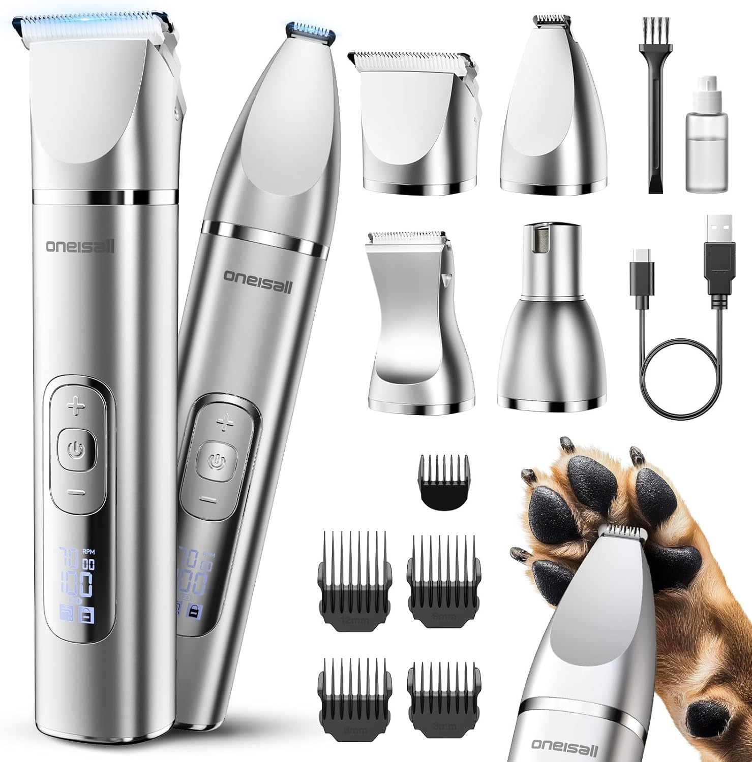 Oneisall 4 in 1 Dog Grooming Kit with LCD Display, Dog Hair Trimmer for Paw Nail Grinder, Rechargeable Cordless Low Noise IPX7 Waterproof Pet Clippers image number 5