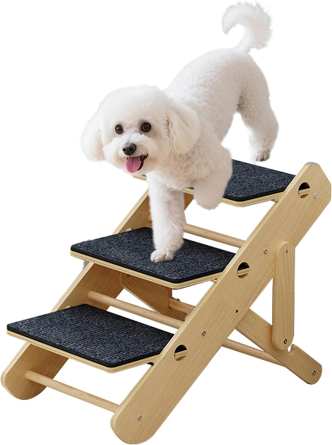 2-Level Convertible Foldable Dog Ramp & Stairs for Couch, Bed & Car, Wood Pet Steps for Small Dogs & Cats up to 22 Lbs, Non‑Slip Carpeted Surface, Portable Design (Assembly Required) image number 1