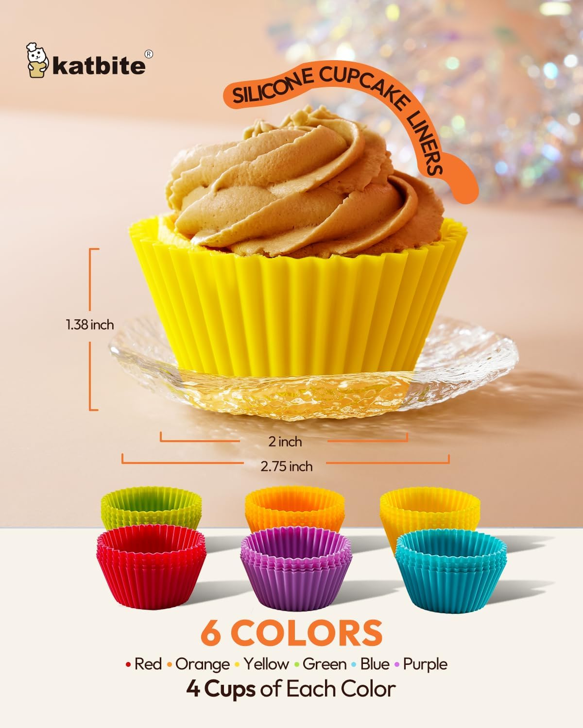 Katbite Reusable Silicone Baking Cups 24 Pack - Non-Stick Muffin Cupcake Liners Set, Thick & Heavy Duty Cupcake Molds - Perfect for Party Halloween Christmas Bakery Supplies, Multicolor