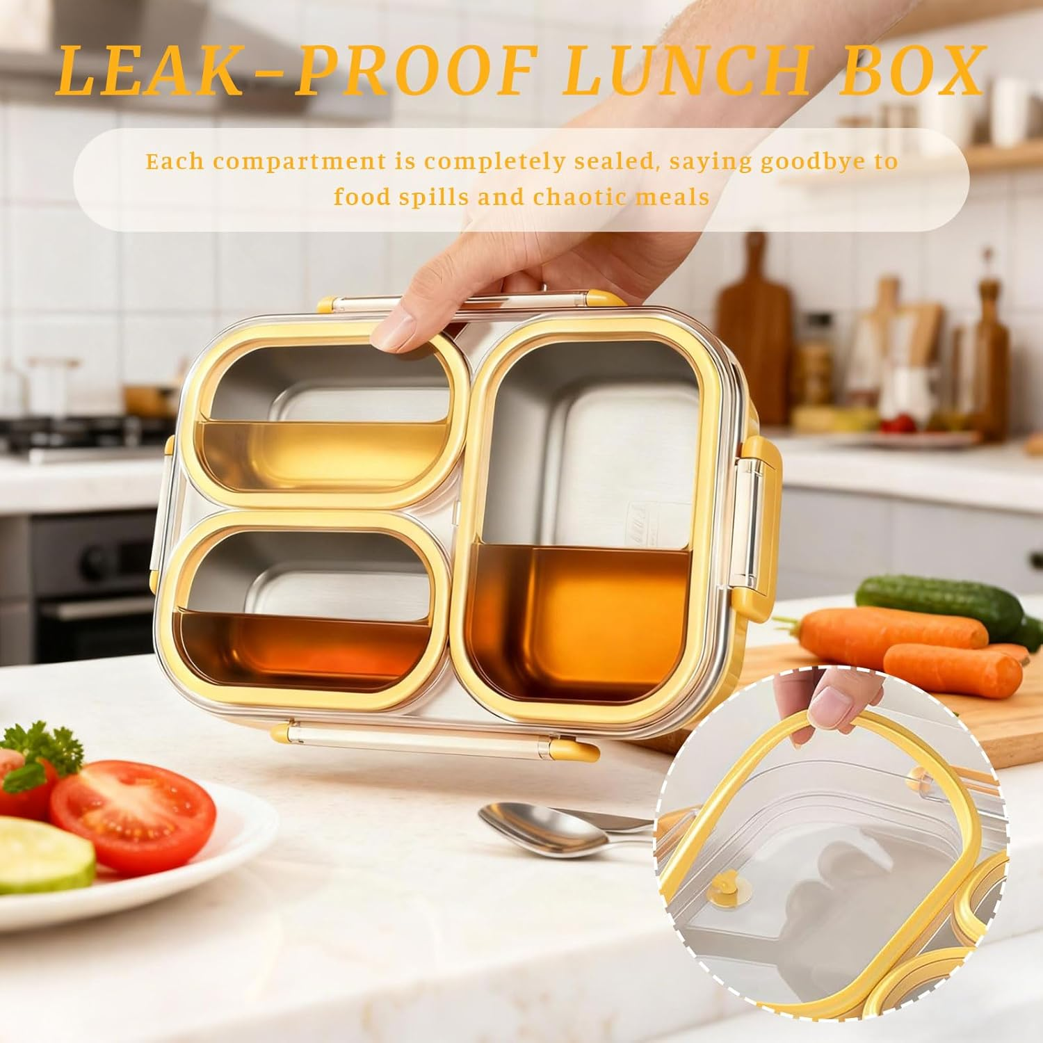 Lunch Box with Compartments, Stainless Steel Lunch Box for Children & Snack Box with Compartments, Bento Box 3 Compartments, Leak-Proof Stainless Steel Snack Box for School & Office