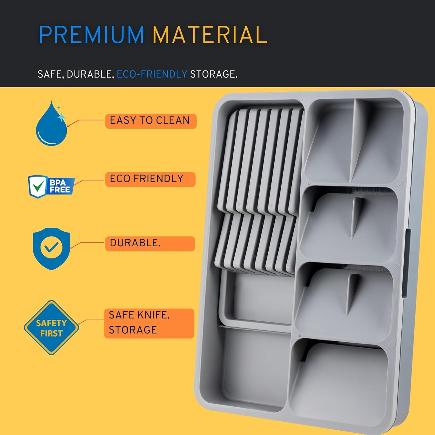 Daffodily Premium Cutlery Drawer Organiser Adjustable Cutlery Tray Extendable Kitchen Drawer Organiser for Forks, Spoons, Knives - Silverware & Flatware Holder. (TRAY + KNIFE BLOCK) image number 1