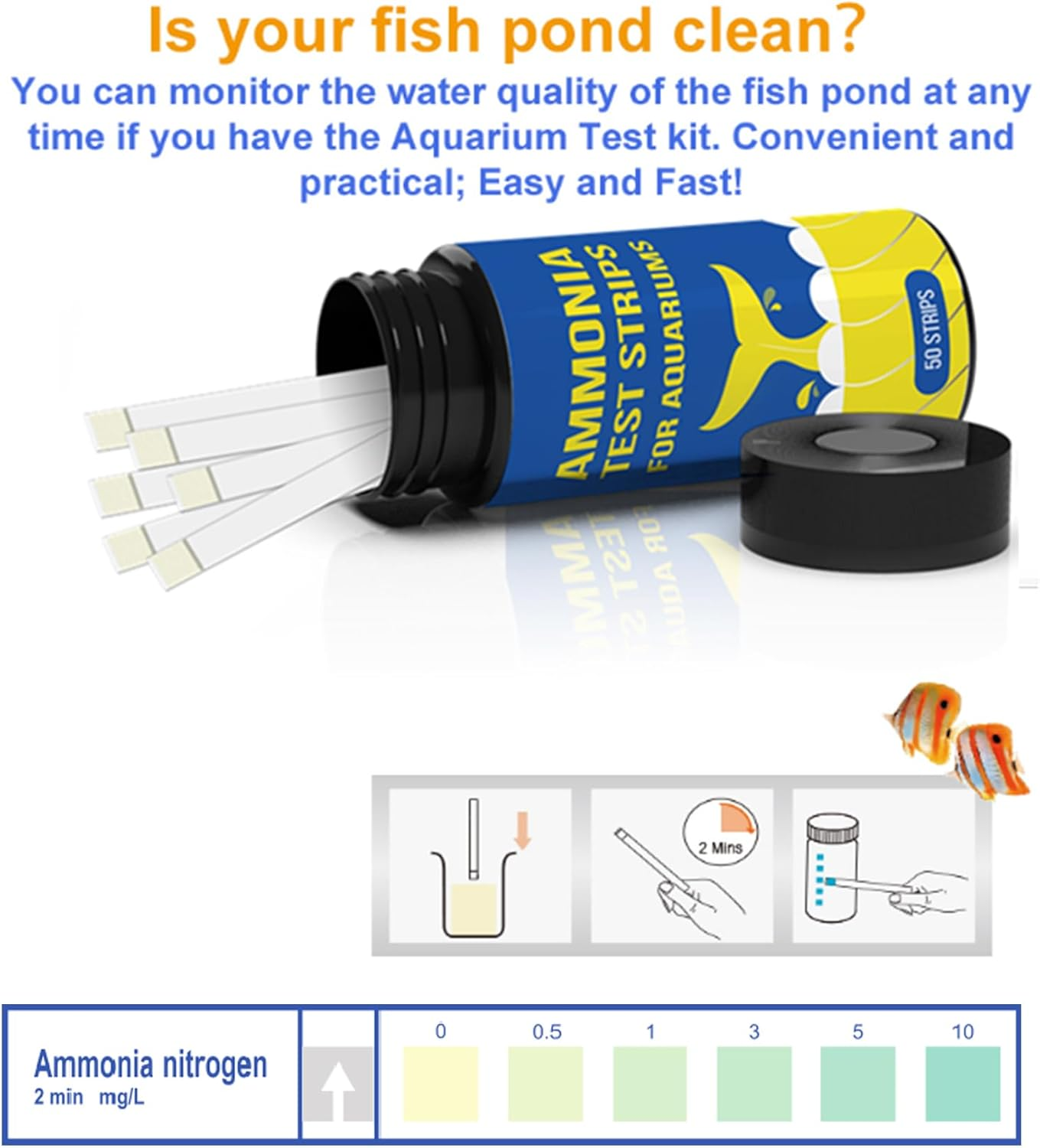KONLREMA Ammonia Test Strips for Fish Tank - 50 Aquarium Test Kit, Saltwater & Freshwater Aquarium Test Kit, Accurate Aquarium Water Test Kit for Fish Tank, Breeding Farms, Aquarium image number 2