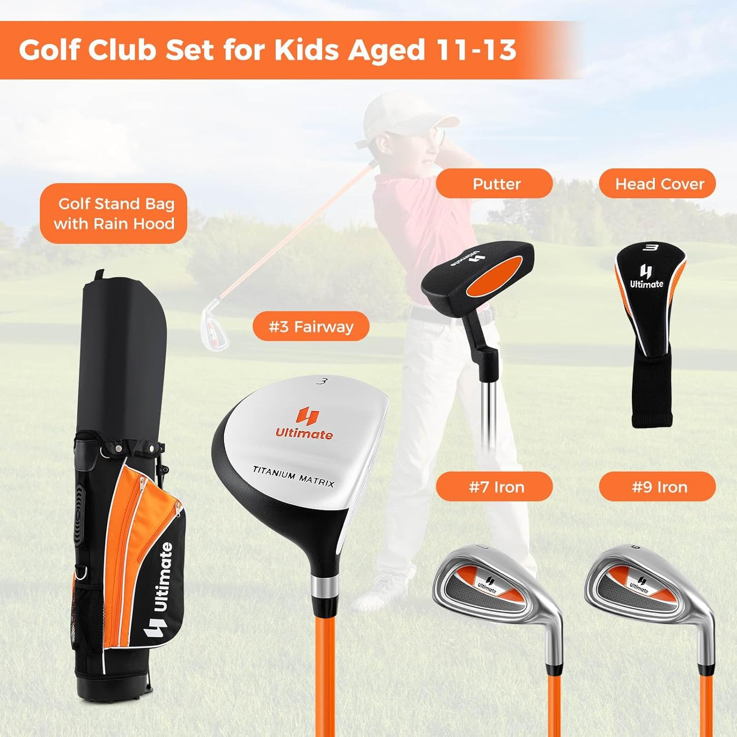 Costway Junior Complete Golf Club Set for Age 8 to 13, Includes 3# Fairway Wood, 7# & 9# Irons, Putter, Head Cover, Golf Stand Bag, Perfect for Children, Kids, Boys & Girls image number 6