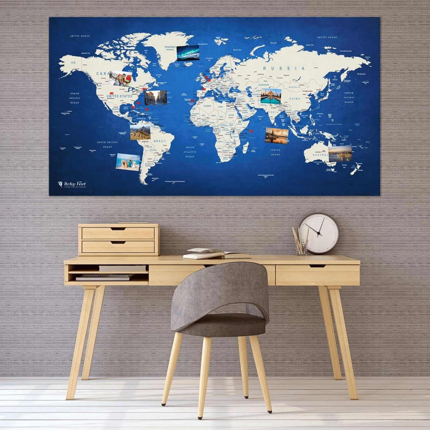 World Map XXL 51 X 28 Inches, Travel Pin Board with Fleece Surface in Modern Wall Art Design, 20 Flag Push Pins Included image number 6