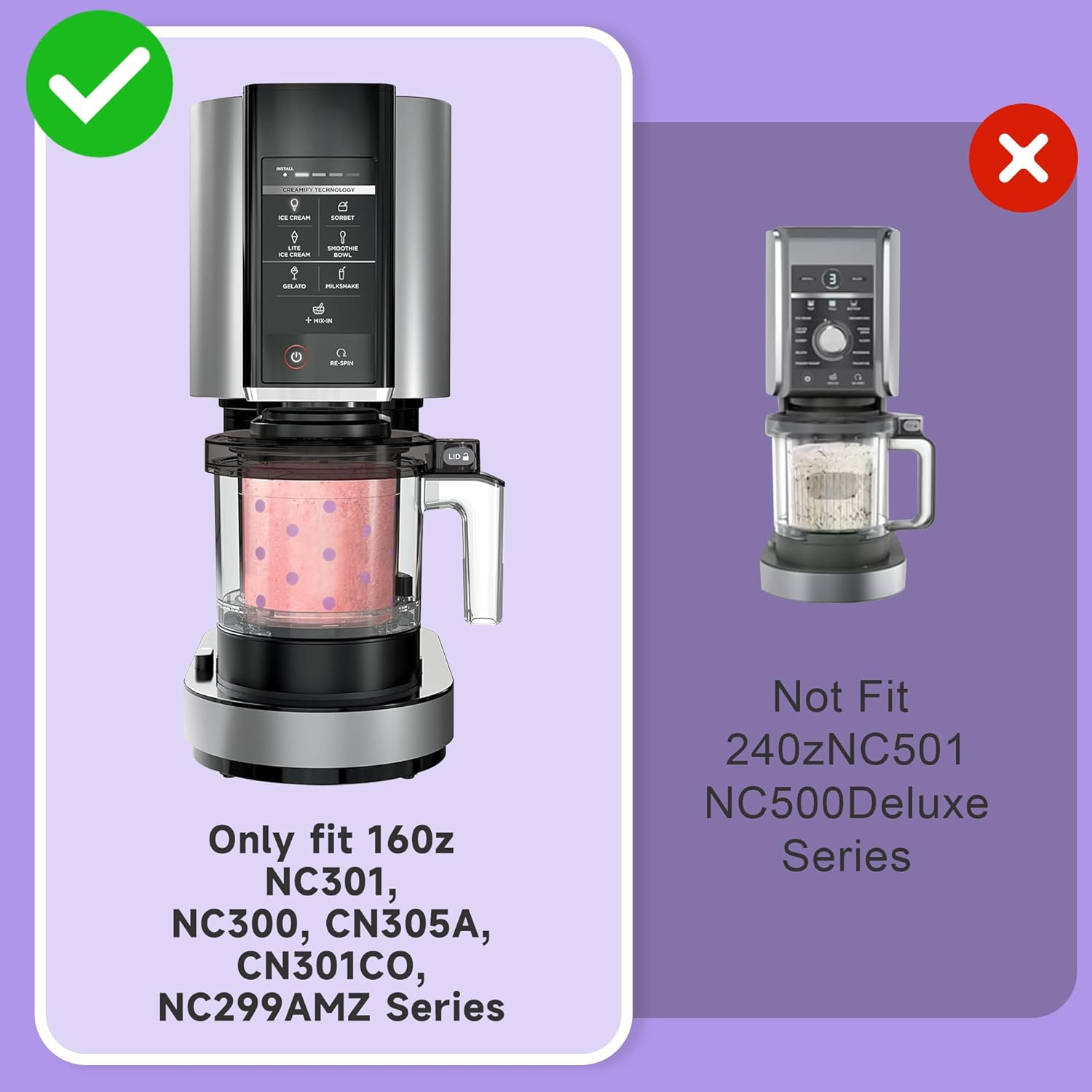 Generisch Compatible with Ninja Creami Ice Cream Maker NC300/NC301 Series - Set of 4 Ice Containers in Pink, Purple, Green and Yellow, BPA Free, Dishwasher Safe (Dot)