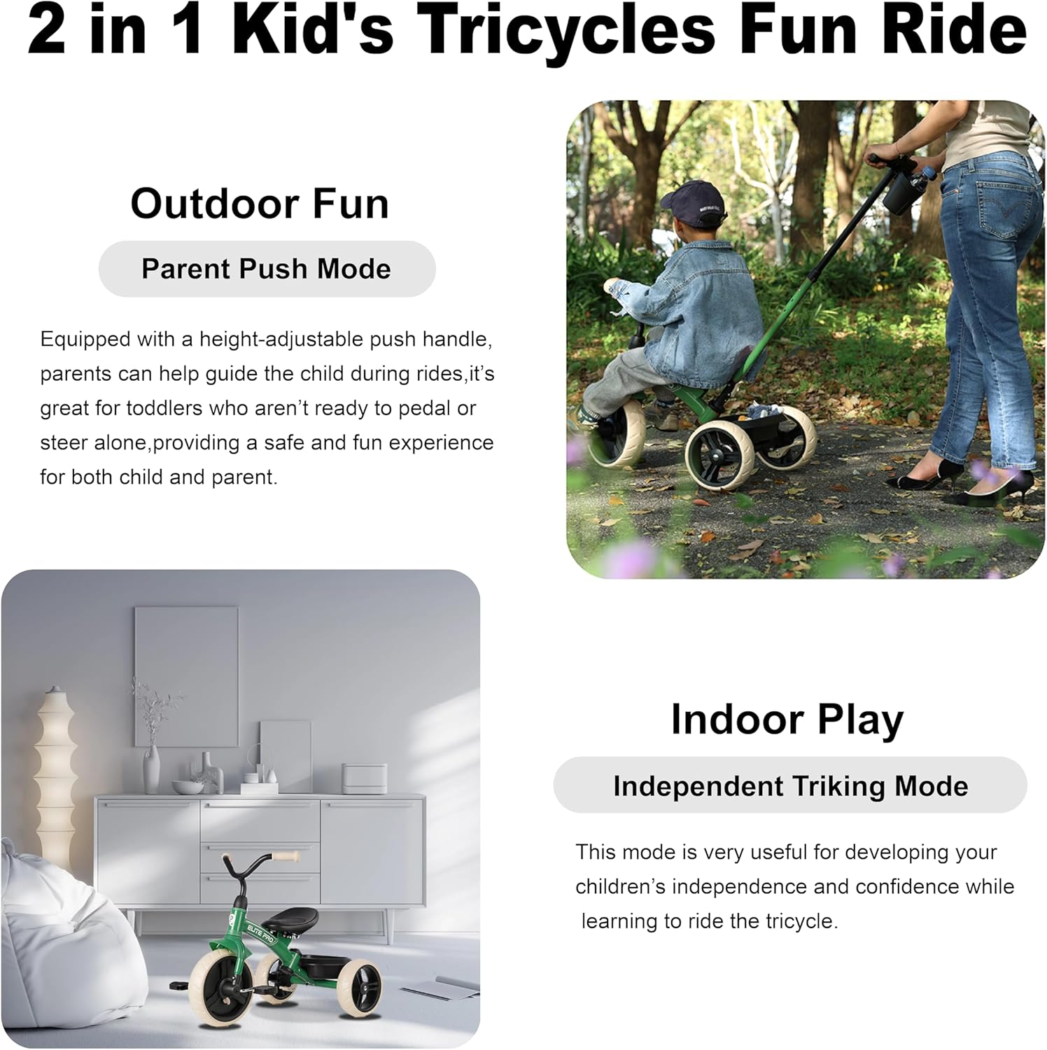 Qplay Toddler Tricycles for 2 to 6 Year Olds-2 in 1 Kid'S Trikes Bike with Push Handles Adjustable & Removable, Push Bike with Toy Storage Basket for Boys & Girls Tricycle Gift (Green) image number 2