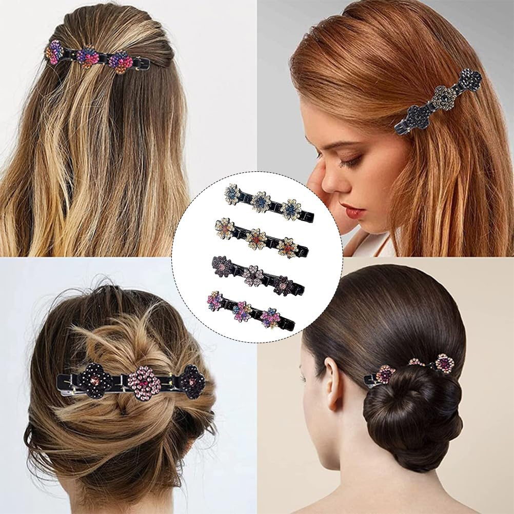 Fc'Noqgn Women'S Hair Clips, 4 Pieces Flower Shaped Girl Hair Clips, Braided Hair Clips with Rhinestones, Braided Hair Clips with Shiny Crystal Stones image number 2