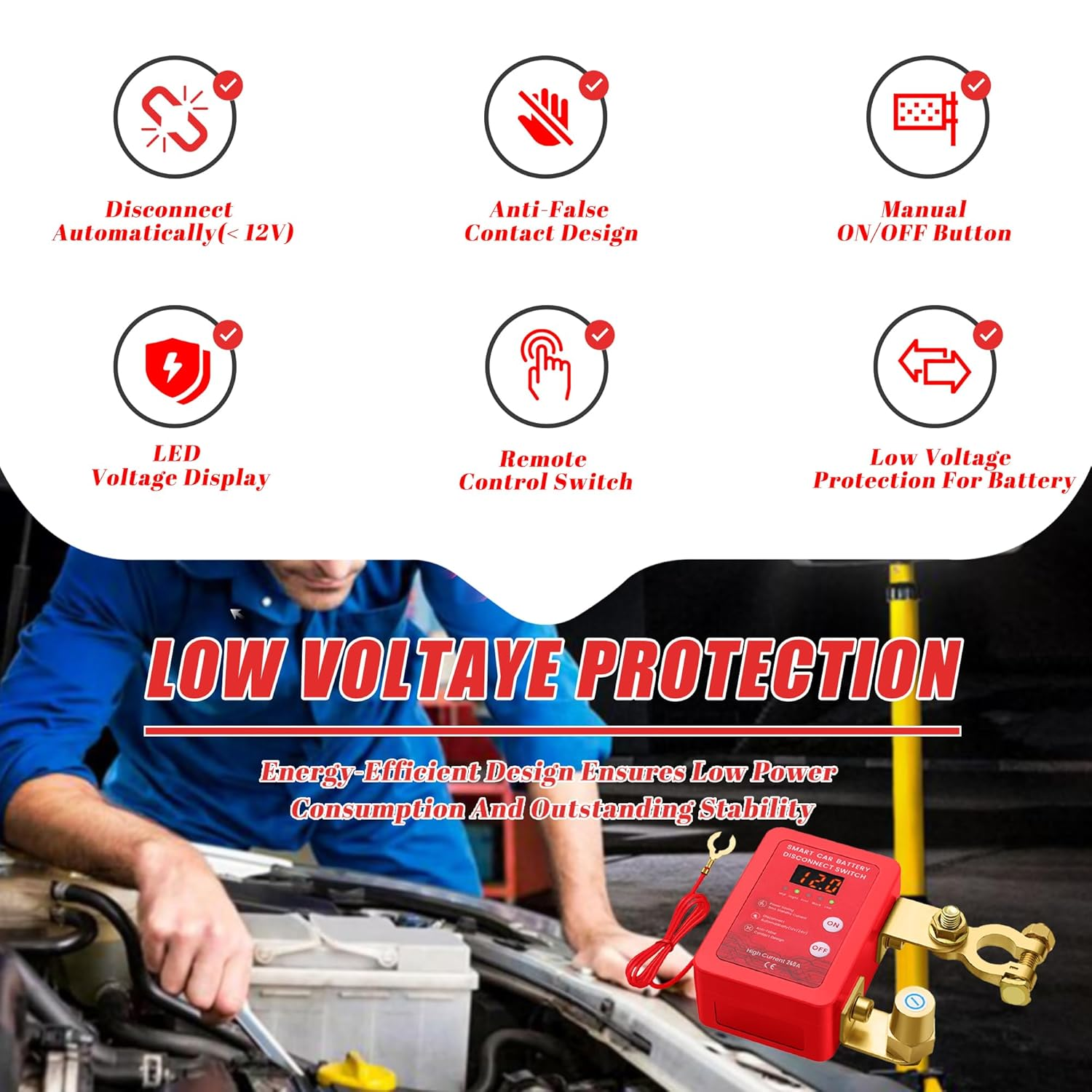 Venxykod 240A Remote Battery Disconnect Switch 24V Anti-Theft Car Battery Switch Automatic Power Shut off Switch with LED Display for Car Truck RV ATV Vehicle Boat image number 3