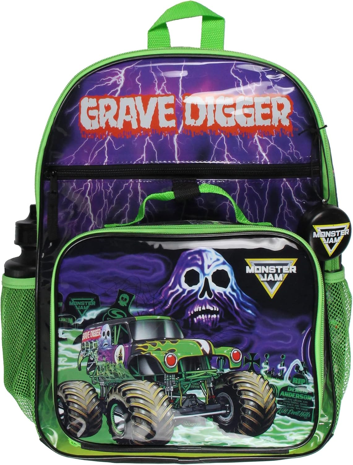 Monster Jam Grave Digger Truck 5 PC Backpack Lunchbox Icepack Water Bottle Keychain, Multicolored, One Size